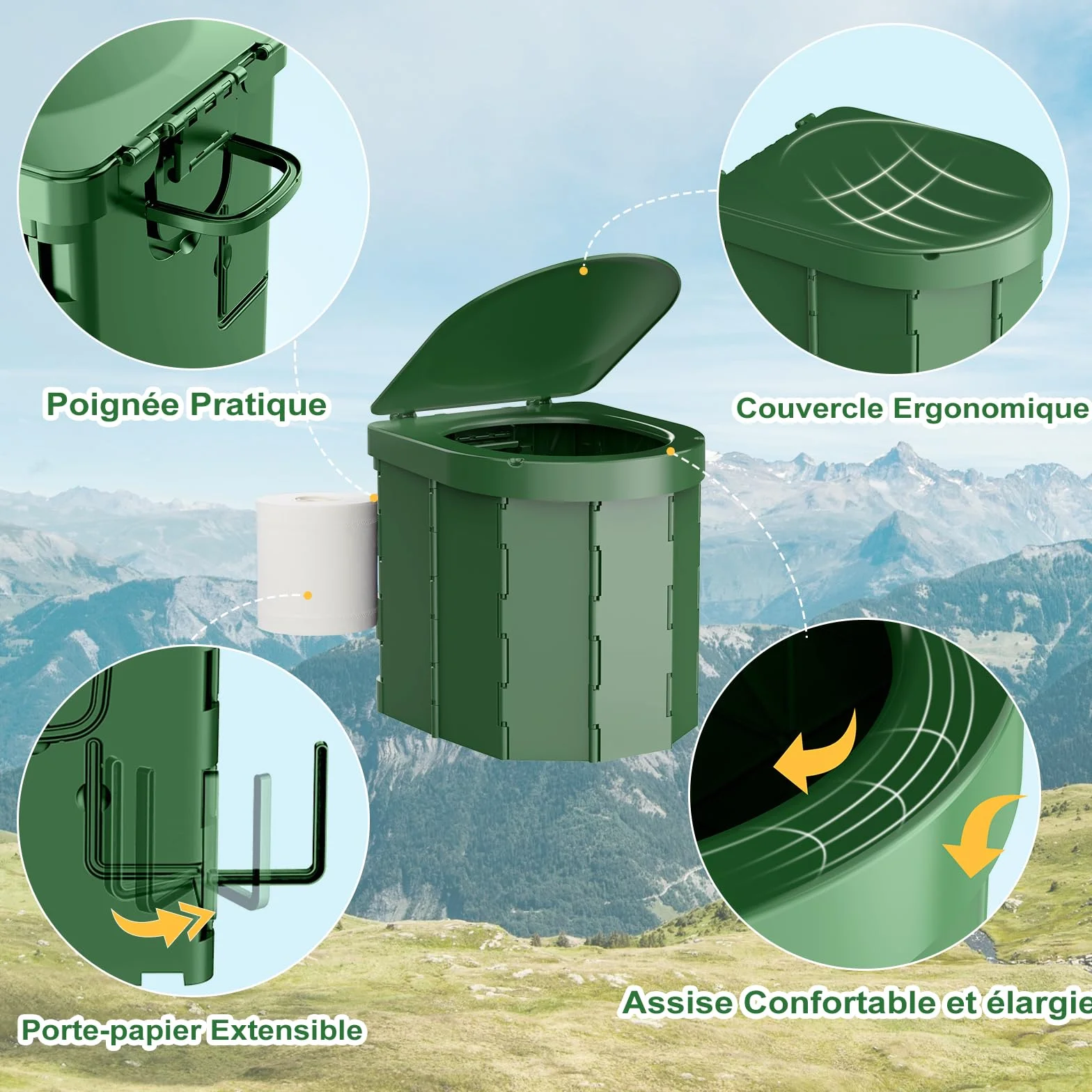 WADEO Toilettes de Camping Portables, Toilettes Pliantes pour Adultes, Toilettes de Camping Mobile avec Couvercle et Porte-Papier Toilette, pour Camping, Voyages, Embouteillages (Vert Foncé)