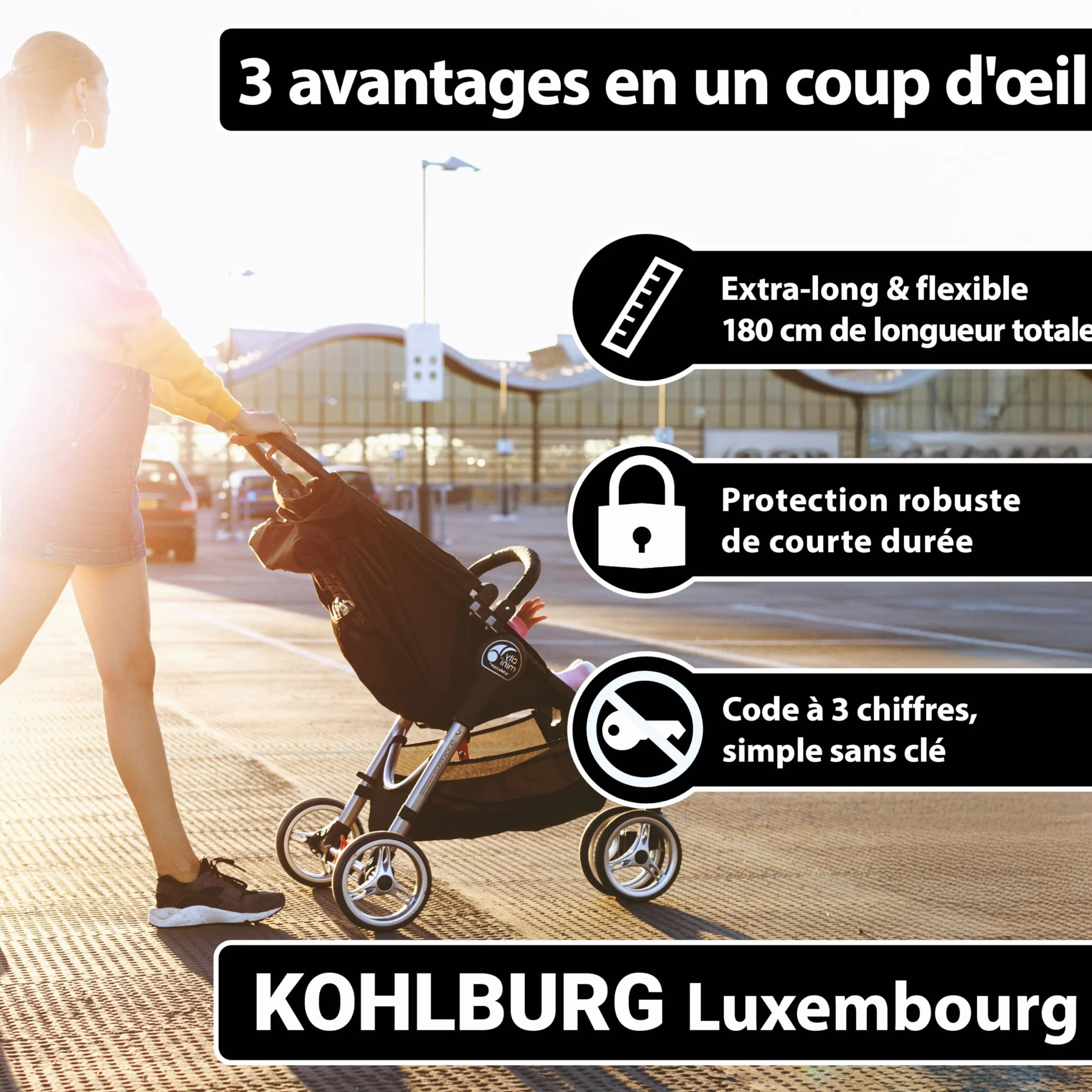KOHLBURG Cable antivol 180 cm flexible solide cadenas code 3 mm pour poussette casque snowboard ski vélo