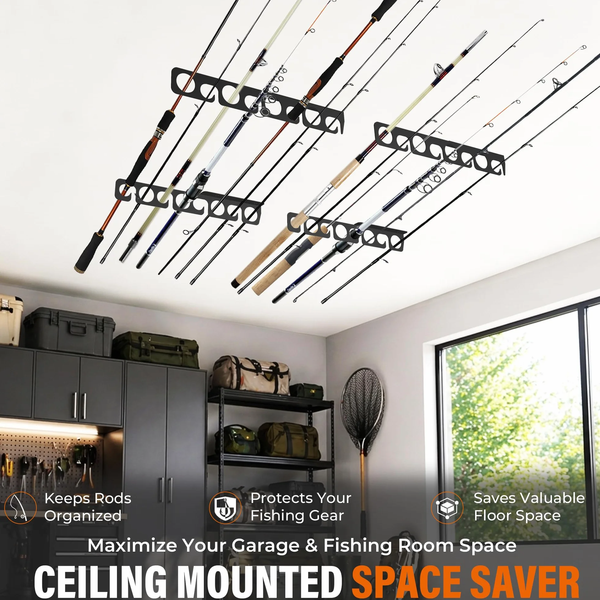 Support de rangement pour canne à pêche - Support mural ou plafond en métal - Peut contenir jusqu'à 16 cannes verticale/horizontale pour garage, cabine et sous-sol