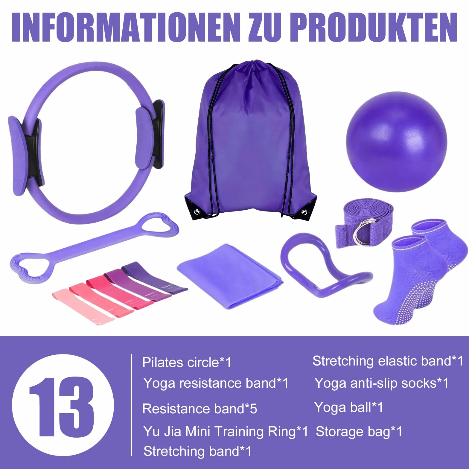 Kit de Pilates 13 Pièces, Ensemble d'Anneau de Pilates, Kit Essentiel de Pilates avec Ballon de Yoga, Anneau de Pilates, Bande de Résistance, Ceinture de Yoga, Chaussettes de Pilates, Ensemble de