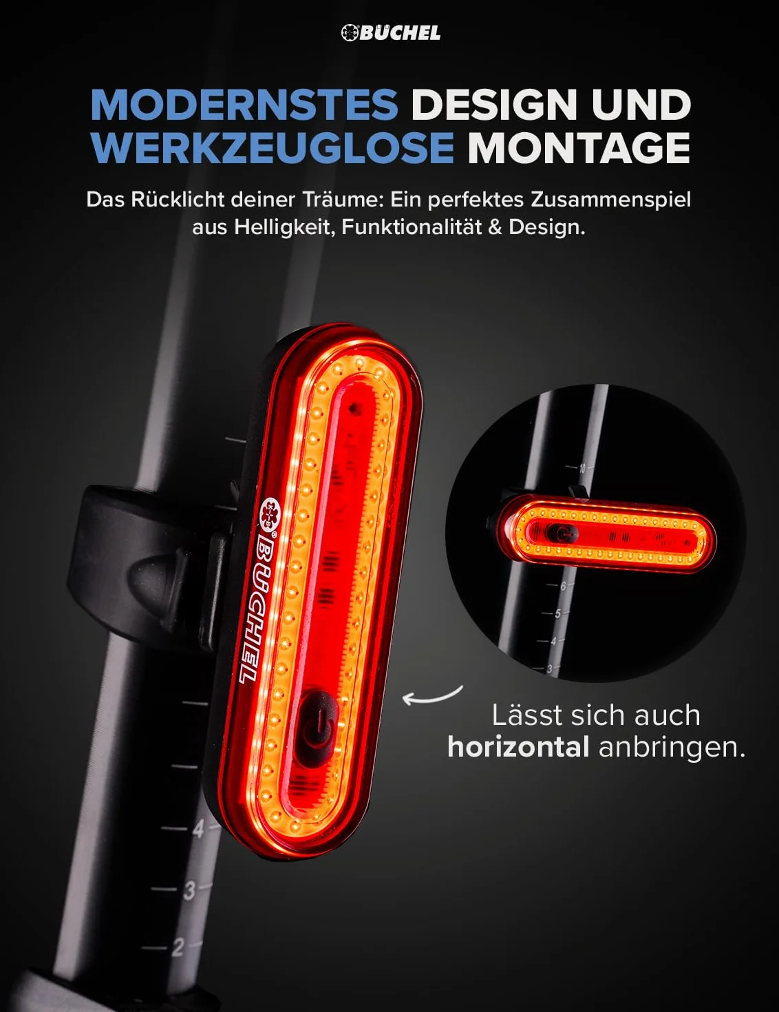 Büchel Feu arrière de vélo LED I Rechargeable I Homologué StVZO I Feu arrière de vélo Ebike Feu arrière LED