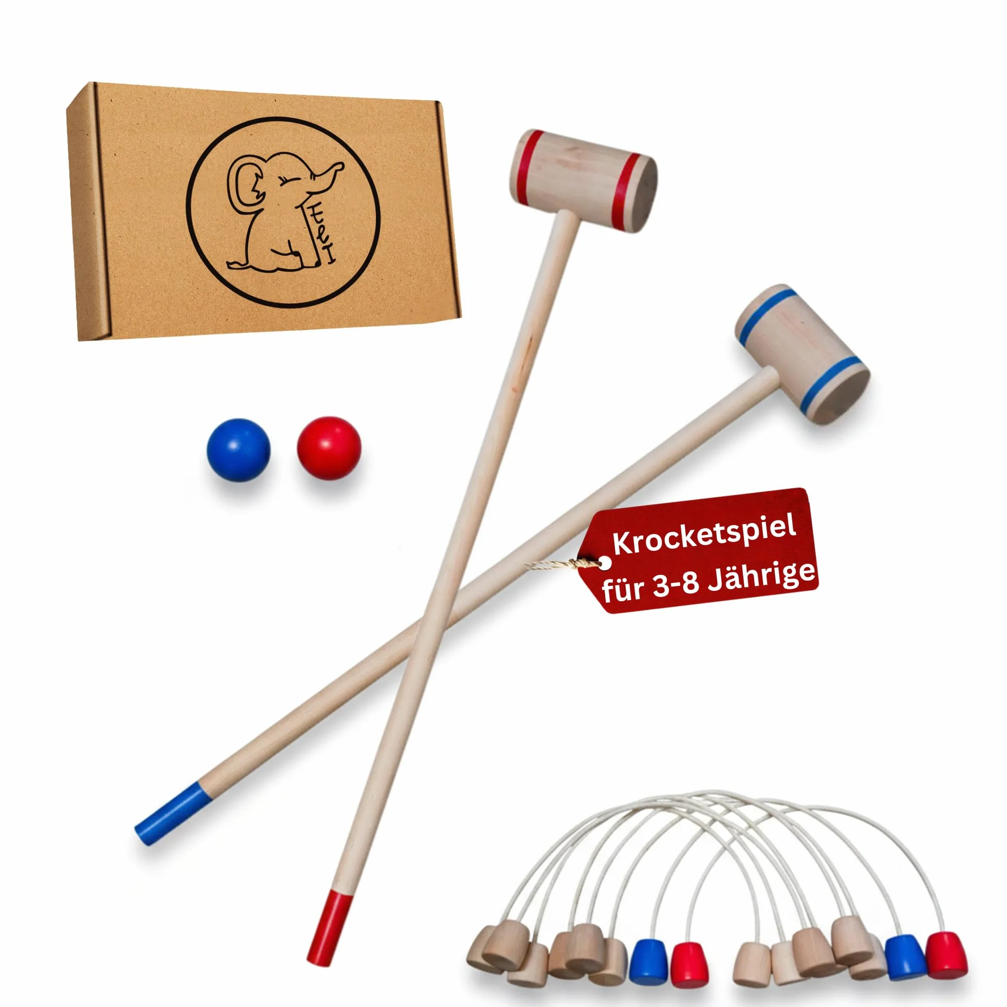 Eli® Jeu de croquet pour enfants avec raquette – Cibles et balles en bois – Kit de crocket pour l'intérieur et l'extérieur – Jouet à partir de 3 ans – Jouet en bois
