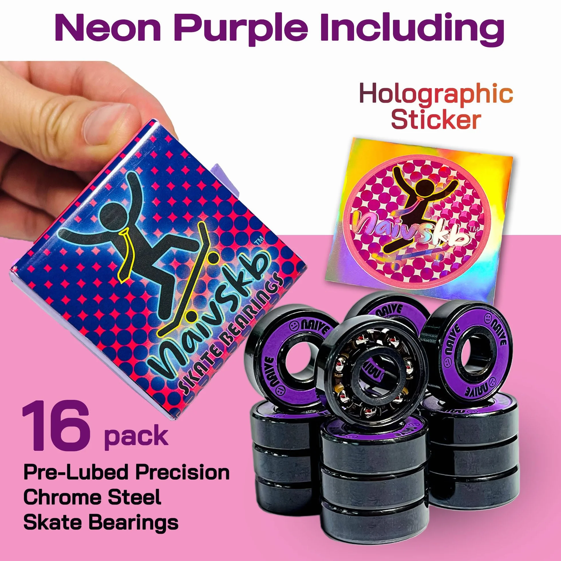 Lot de 16 roulements de 8 mm - Précision 608 - Pour quad en ligne - Roller Derby - Longboard (violet fluo)