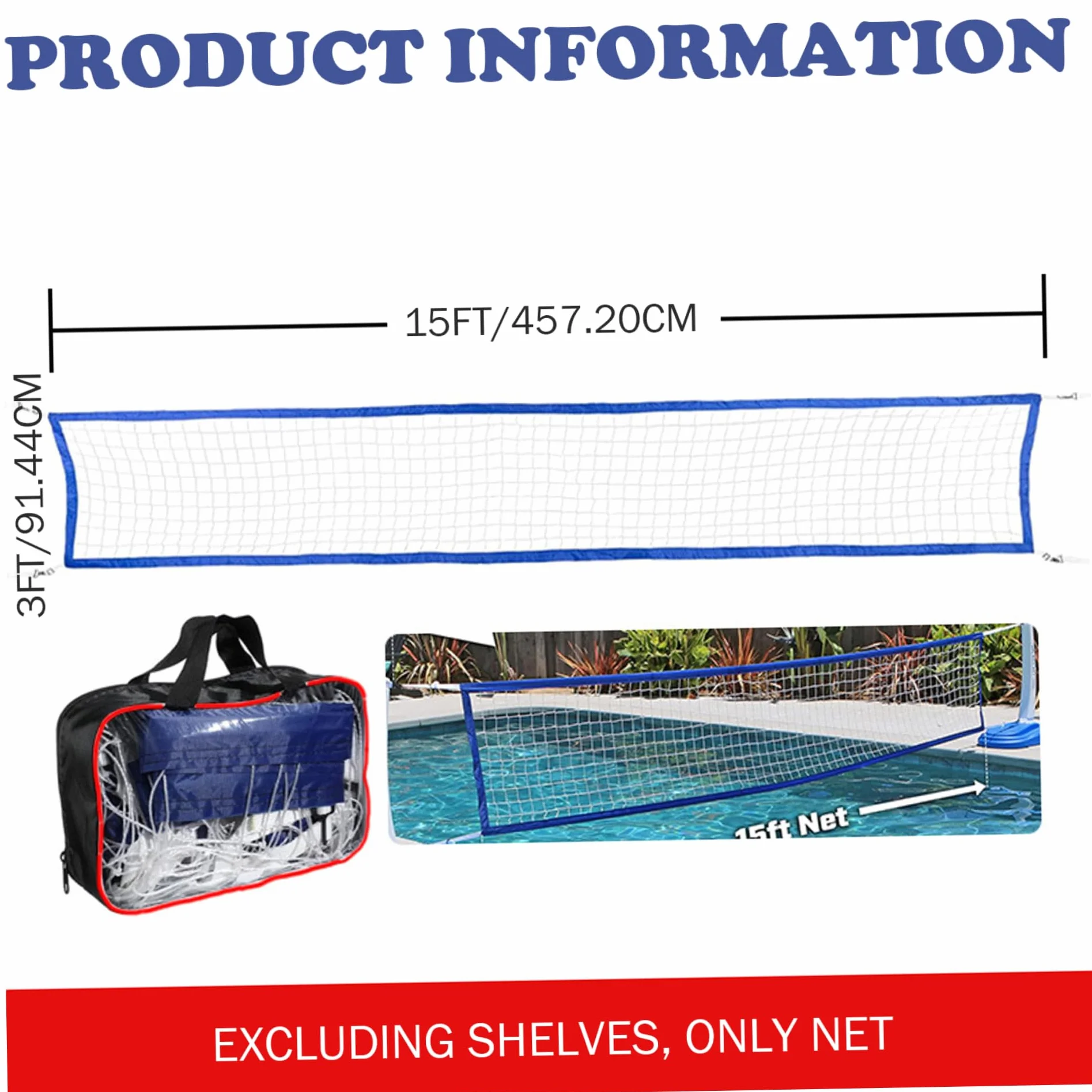 Filet de Volleyball de Piscine 15 × 3 Pieds avec Sac Portable, Jeux d'eau Extérieur