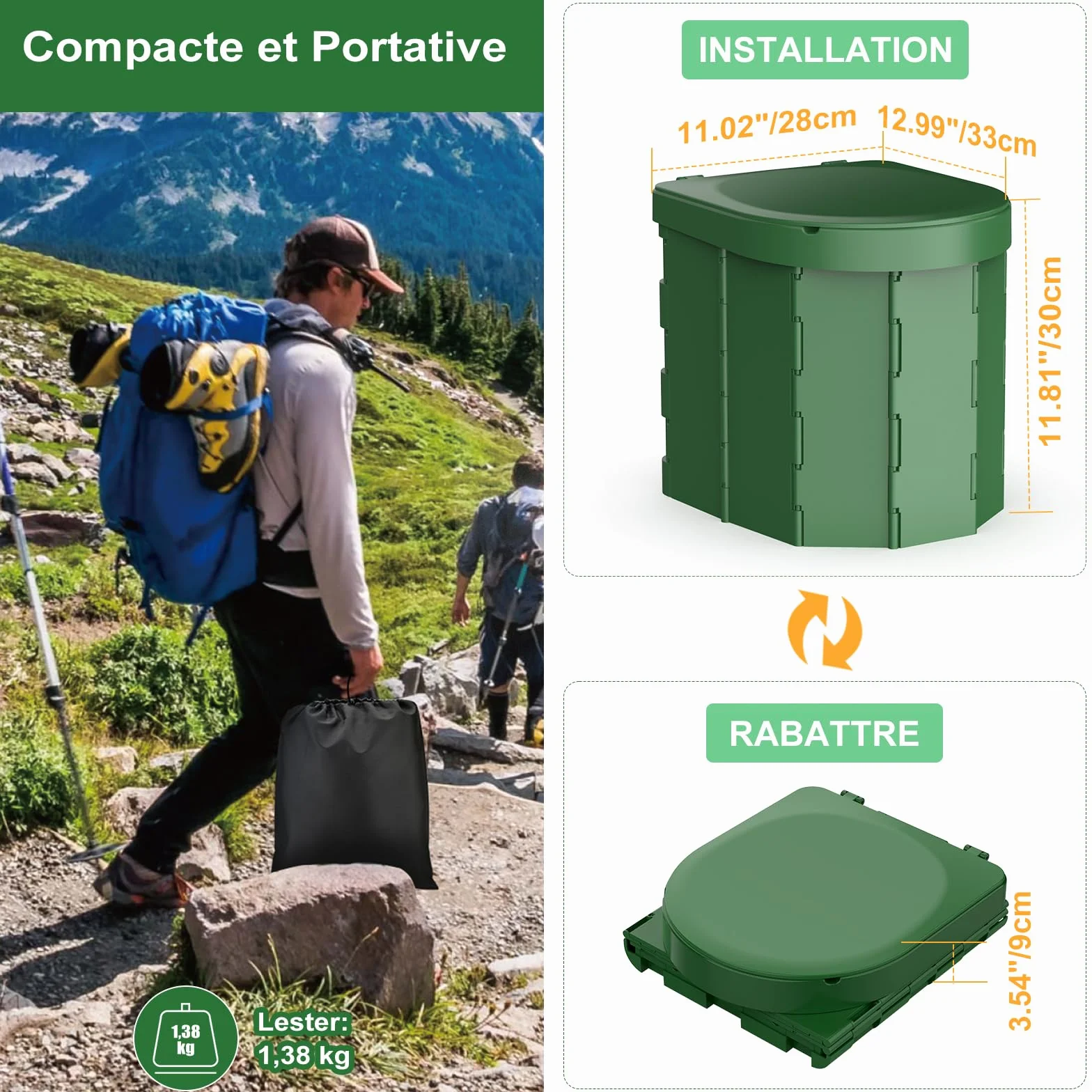 WADEO Toilettes de Camping Portables, Toilettes Pliantes pour Adultes, Toilettes de Camping Mobile avec Couvercle et Porte-Papier Toilette, pour Camping, Voyages, Embouteillages (Vert Foncé)