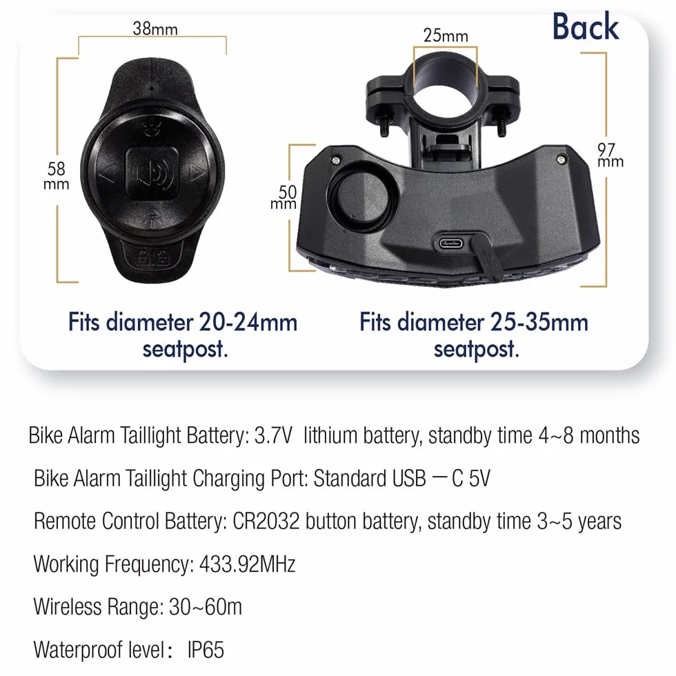 Feu arrière d'alarme de vélo sans Fil avec Signal de Virage IP65 feu arrière de Frein de vélo USB à télécommande imperméable