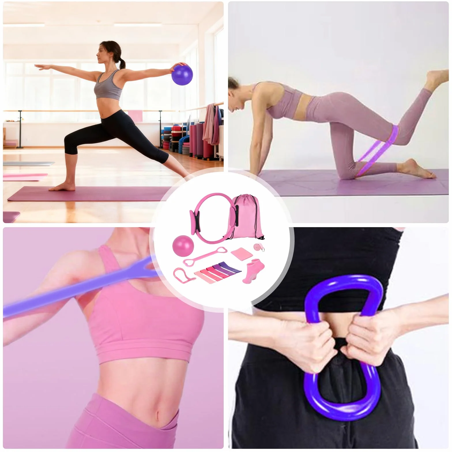 Kit de Pilates 13 Pièces, Ensemble d'Anneau de Pilates, Kit Essentiel de Pilates avec Ballon de Yoga, Anneau de Pilates, Bande de Résistance, Ceinture de Yoga, Chaussettes de Pilates, Ensemble de