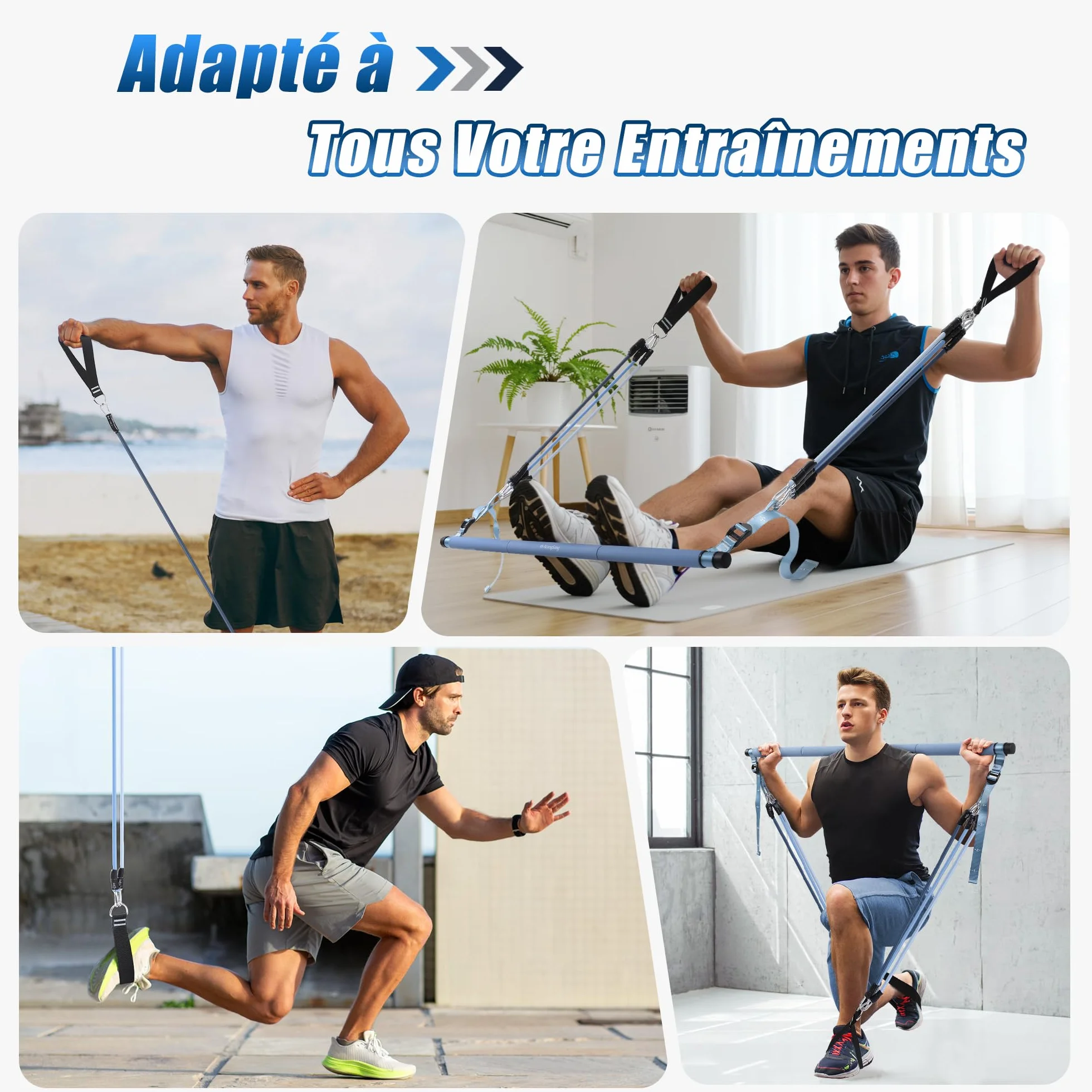 ALongSong Elastiques Musculation Sport Maison - Kit Barre de Pilates pour Homme Femme avec 6 Bandes de Résistance Élastique 20-180Lbs & Ancrage de Porte pour Complet Entraînement Yoga/Musculation