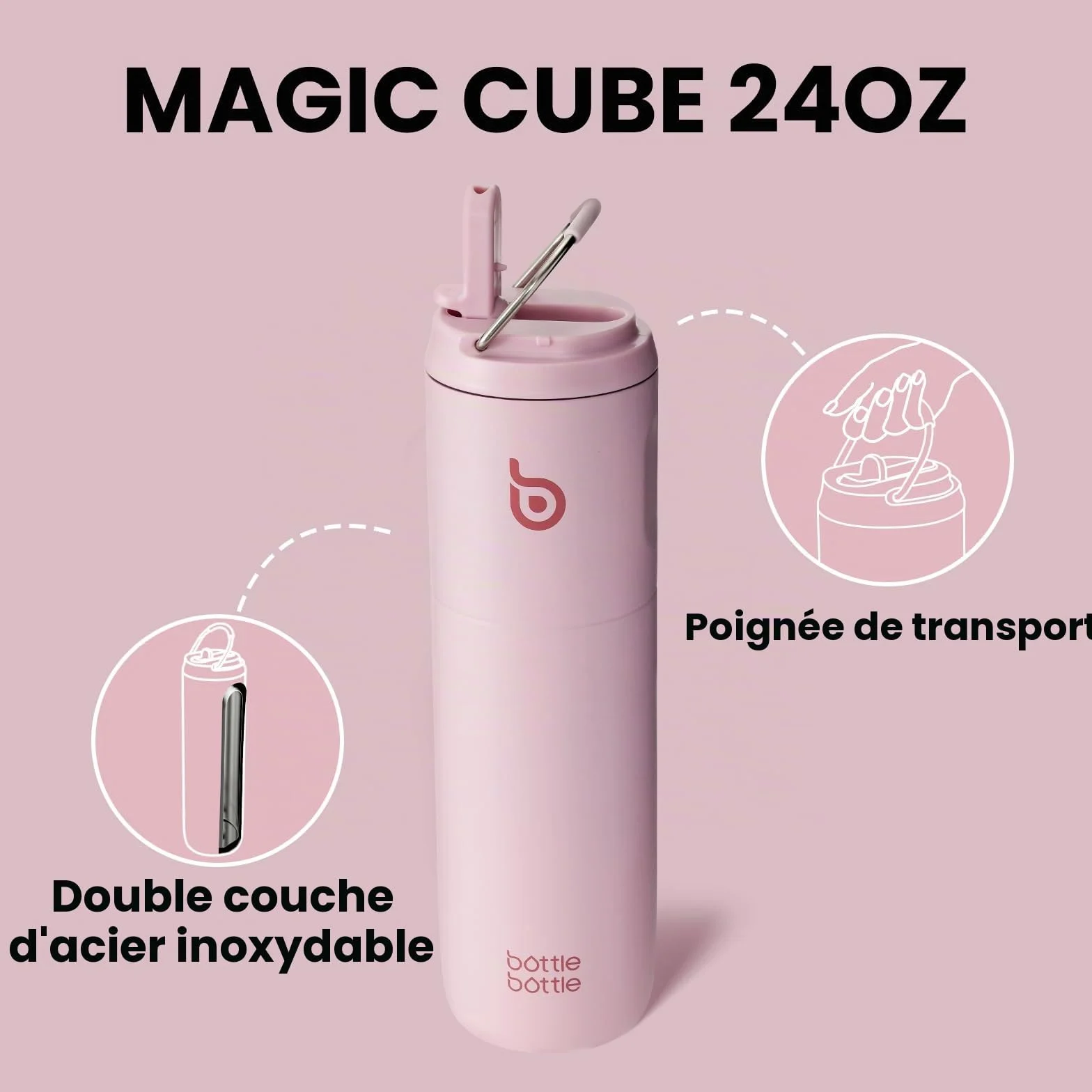 BOTTLE BOTTLE Gourde isotherme avec couvercle à paille et poignée, en acier inoxydable à double paroi sous vide, anti-fuite, sans BPA, pour sport, voyage, salle de sport - Rose clair, 710 ml