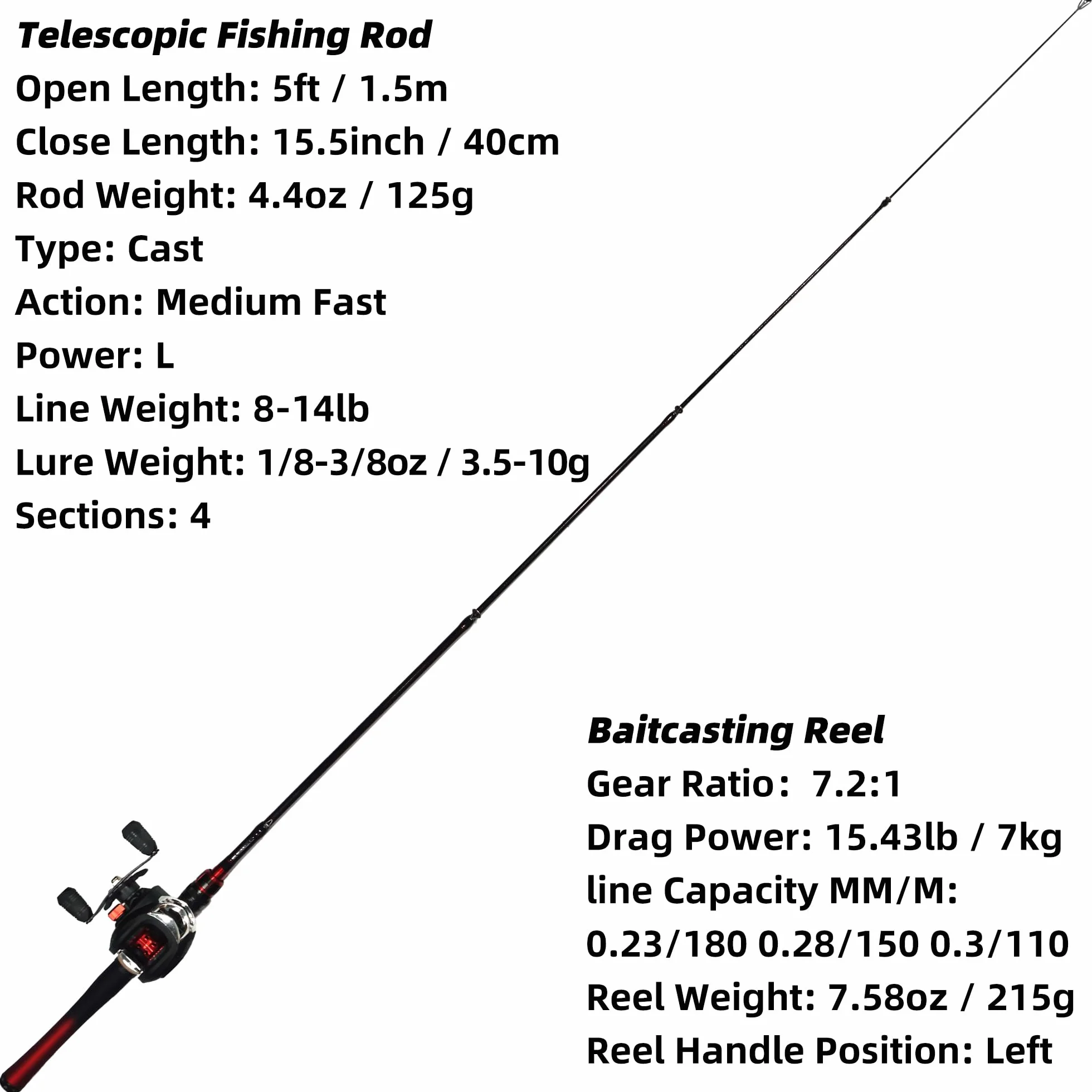 Kilitn Canne à pêche et Moulinet combiné, Baitcasting Combo Baitcast Reel 1.5M Canne télescopique en Fibre de Verre Durable avec Ligne de pêche Kits complets Poignée Confortable