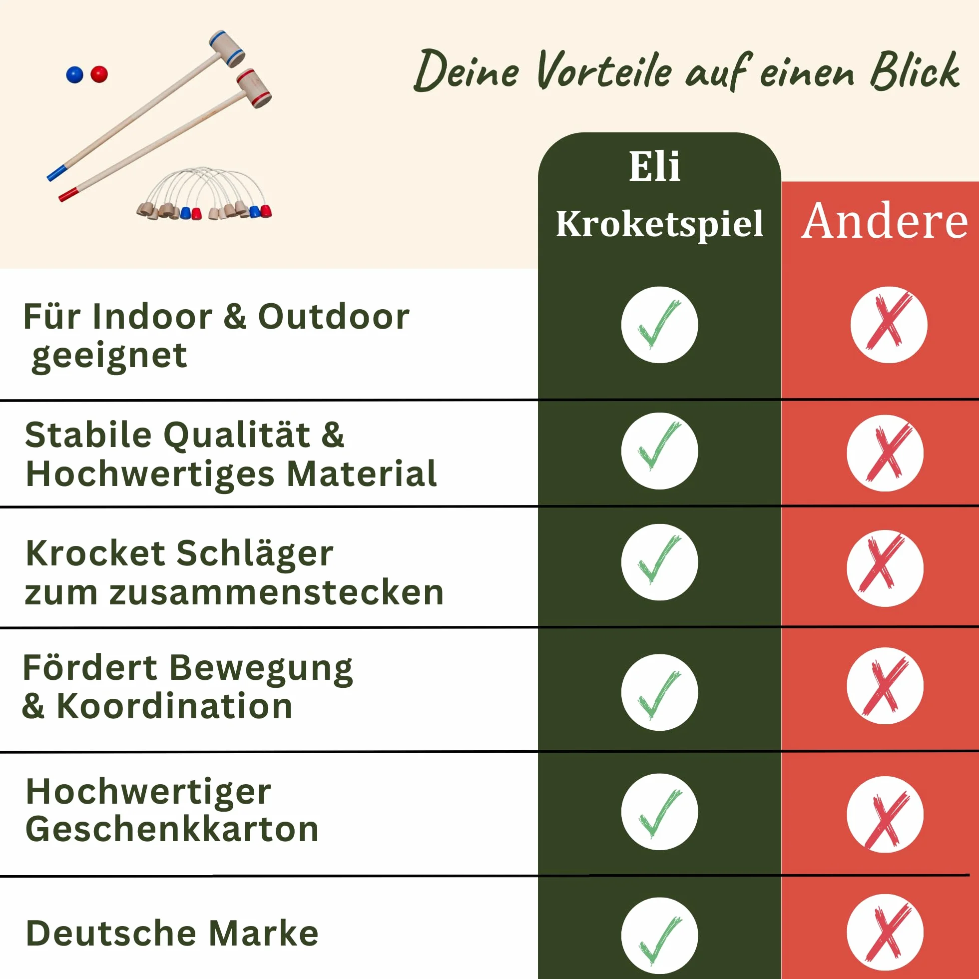 Eli® Jeu de croquet pour enfants avec raquette – Cibles et balles en bois – Kit de crocket pour l'intérieur et l'extérieur – Jouet à partir de 3 ans – Jouet en bois