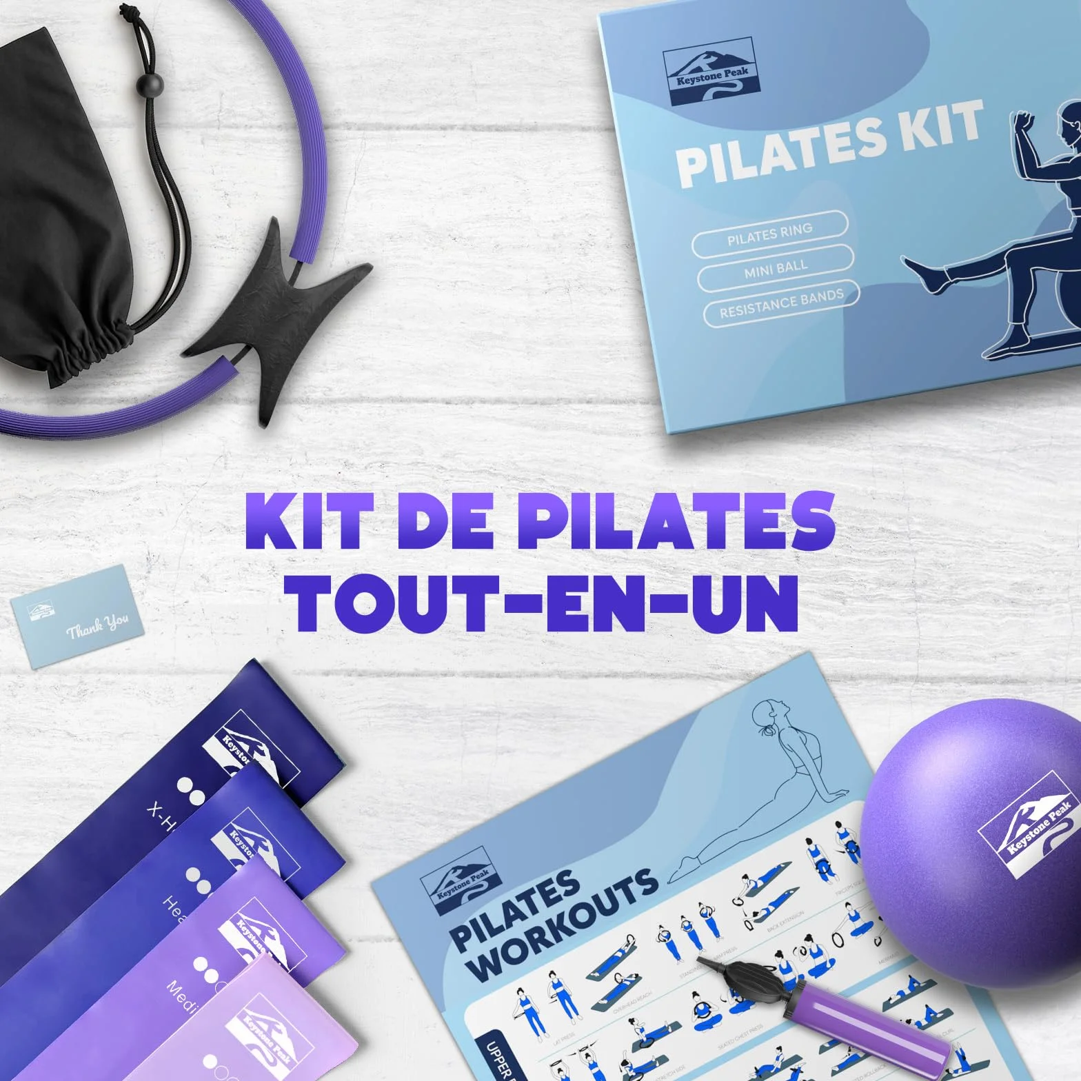 Kit Pilates Maison – Cercle Pilates Accessoires avec Mini Ballon, 4 Bandes de Résistance, Poster & Sac – Équipement pour Renforcement Musculaire, Gainage & Yoga à Domicile