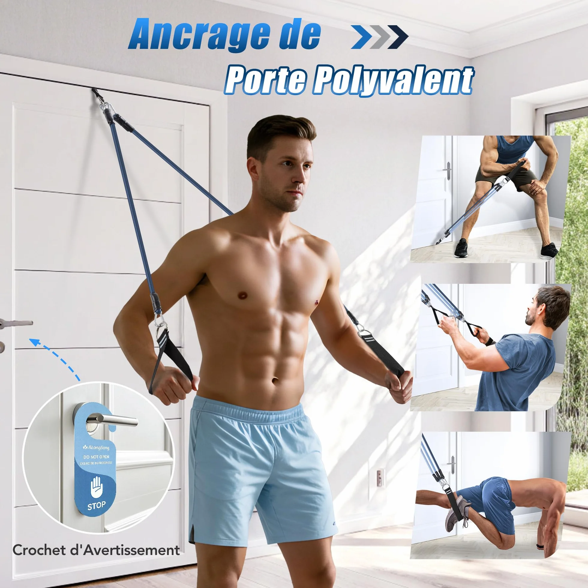 ALongSong Elastiques Musculation Sport Maison - Kit Barre de Pilates pour Homme Femme avec 6 Bandes de Résistance Élastique 20-180Lbs & Ancrage de Porte pour Complet Entraînement Yoga/Musculation