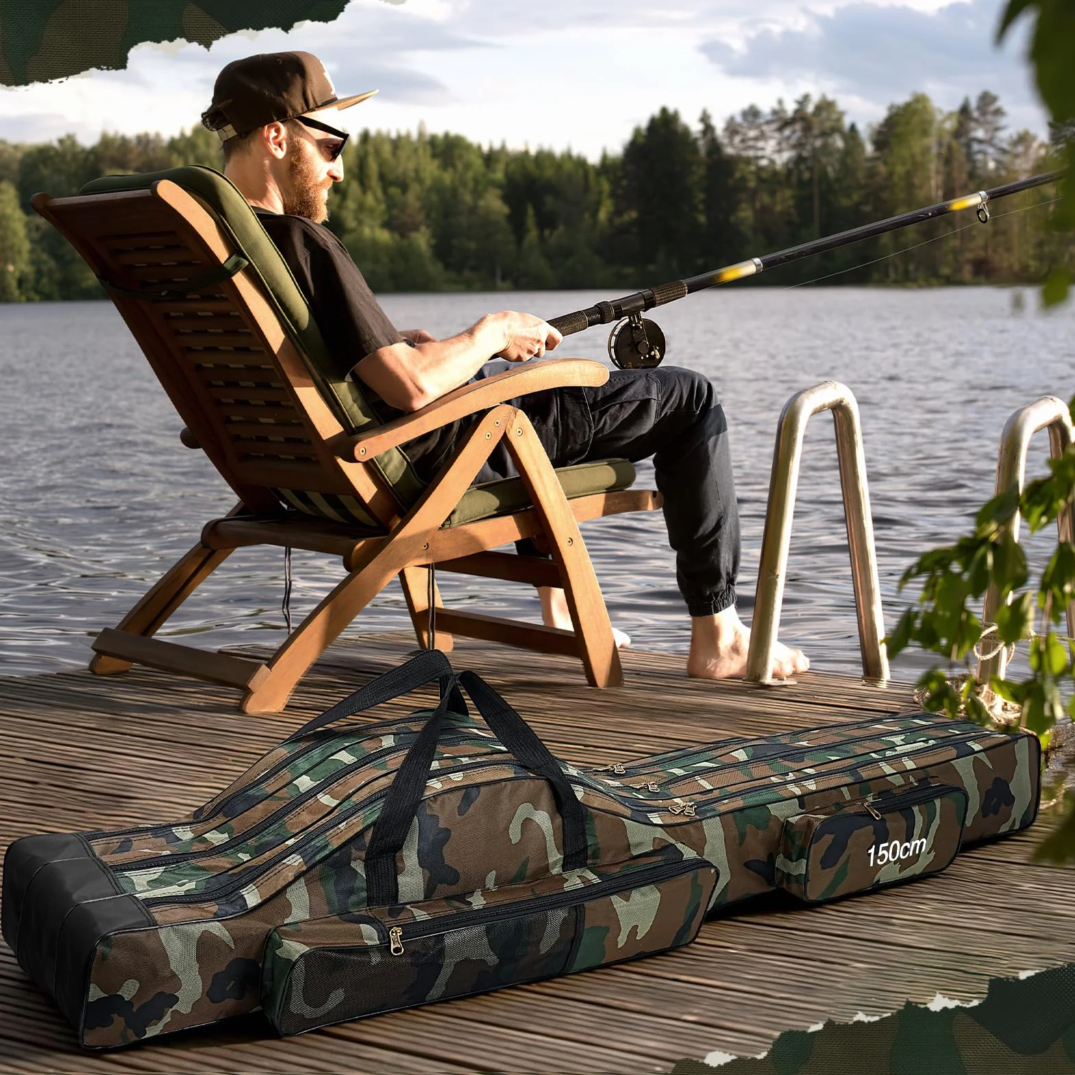 Sac de Pêche Portable avec 3 Couches, 150cm Pliable Sac de Transport Canne à Pêche Grande Capacité Étanche Fourreau Canne à Pêche Portatif Sac de Canne à Pêche avec Sangle Réglable