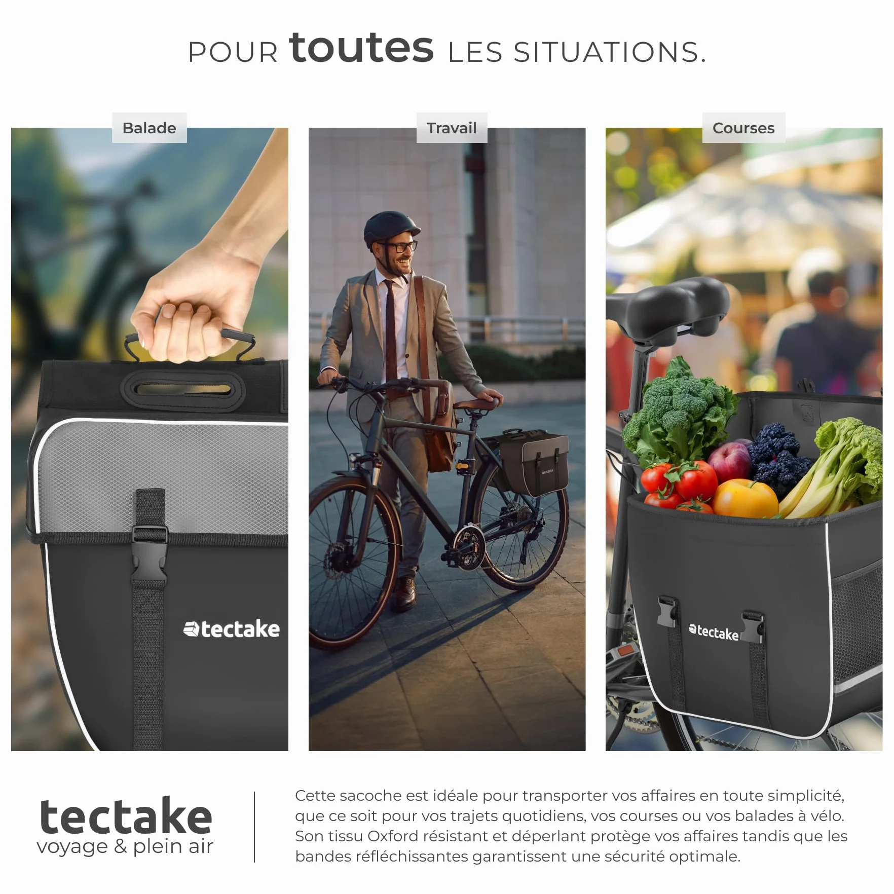 tectake® Double Sacoche de vélo Porte-Bagage 35L Imperméable Accessoire Velo avec Bandes réfléchissantes & Poches Filets pour Bicyclette Cyclisme Panier Sac de Courses