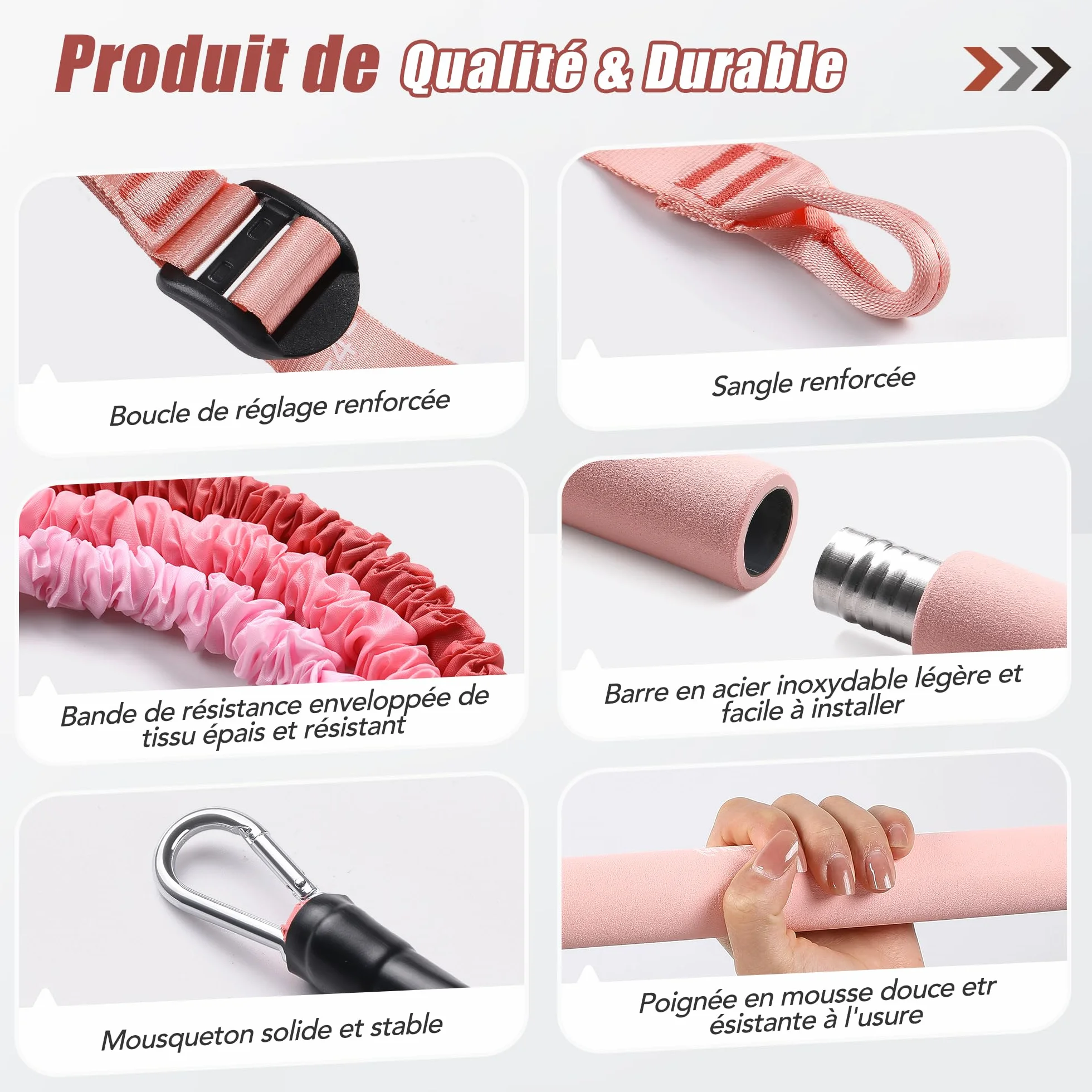 ALongSong Elastiques de Musculation Barre de Pilates avec 6 Bandes de Résistance Élastique 180LBS ou 240LBS Ancrage de Porte Réglable Amovible pour Sport Maison Fitness Yoga Étirement Squat