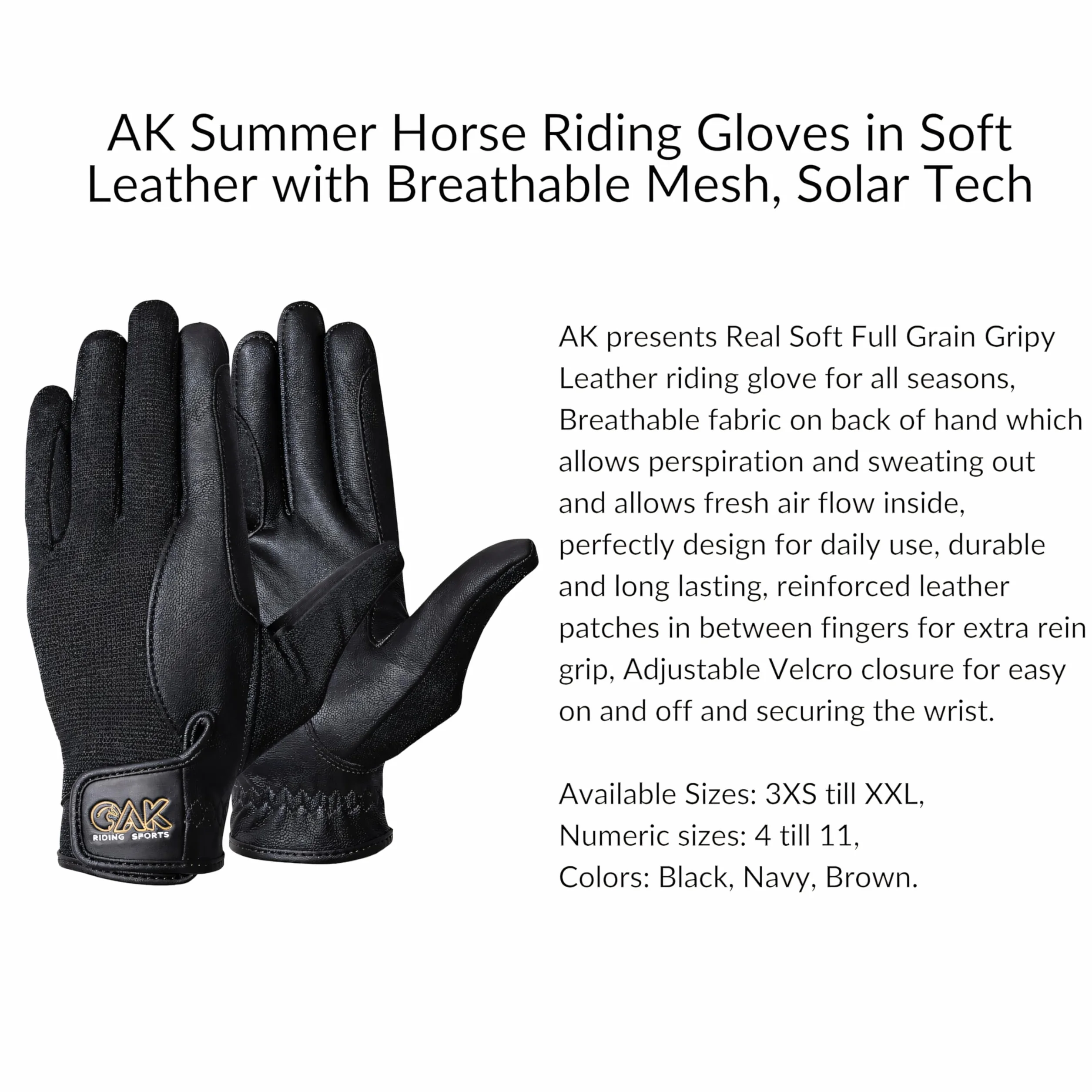 AK Solar Tech Gants d'équitation en cuir souple avec maille respirante