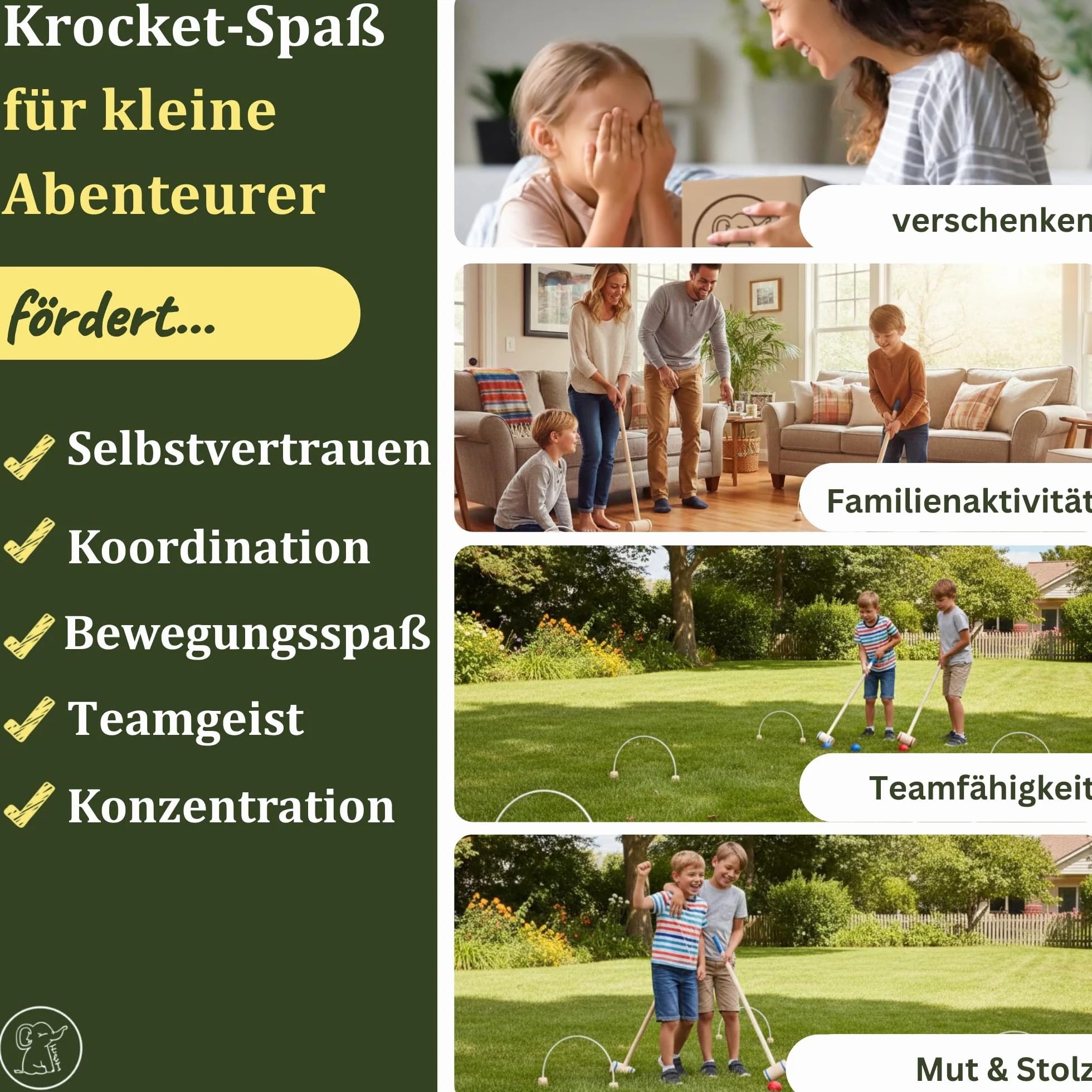 Eli® Jeu de croquet pour enfants avec raquette – Cibles et balles en bois – Kit de crocket pour l'intérieur et l'extérieur – Jouet à partir de 3 ans – Jouet en bois