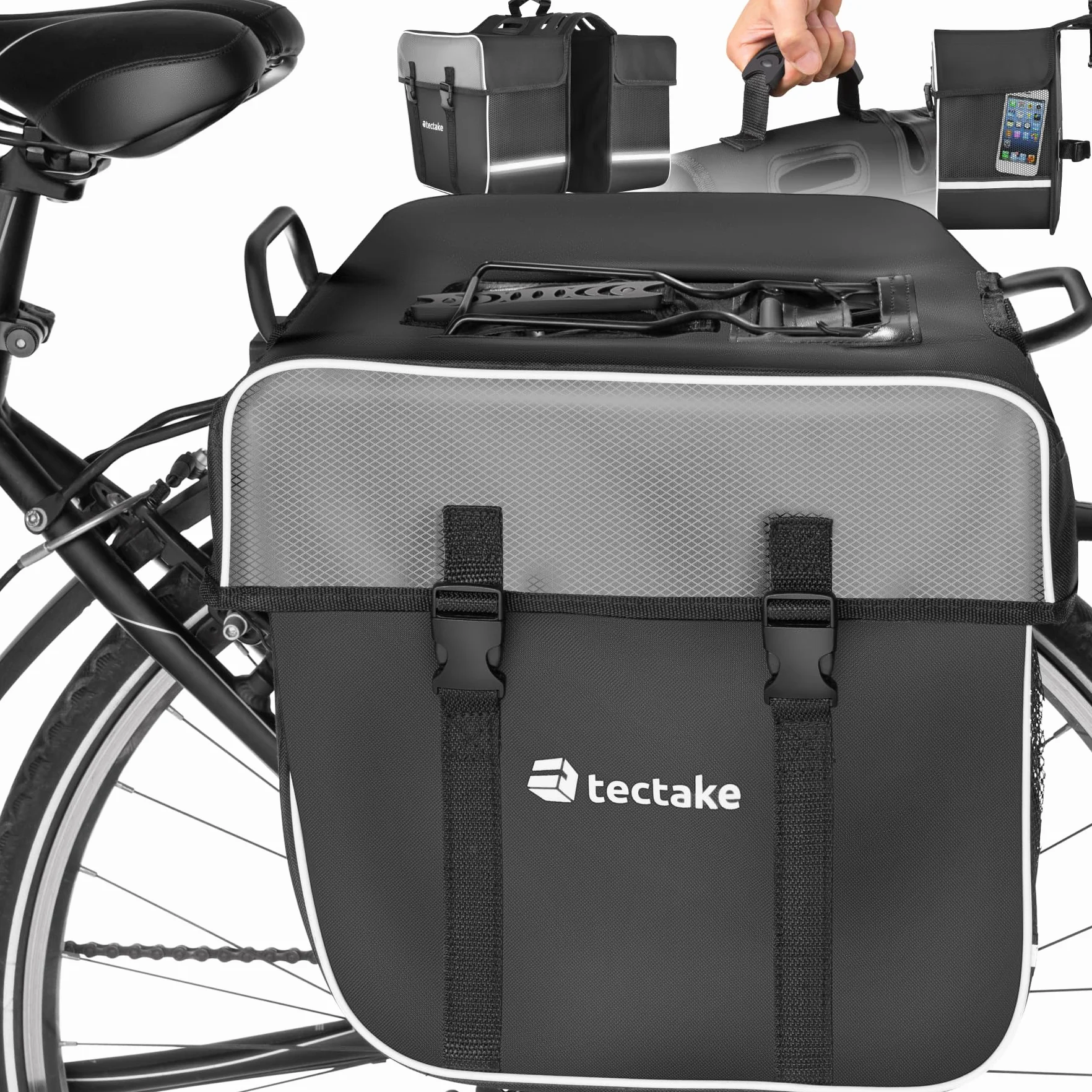 tectake® Double Sacoche de vélo Porte-Bagage 35L Imperméable Accessoire Velo avec Bandes réfléchissantes & Poches Filets pour Bicyclette Cyclisme Panier Sac de Courses