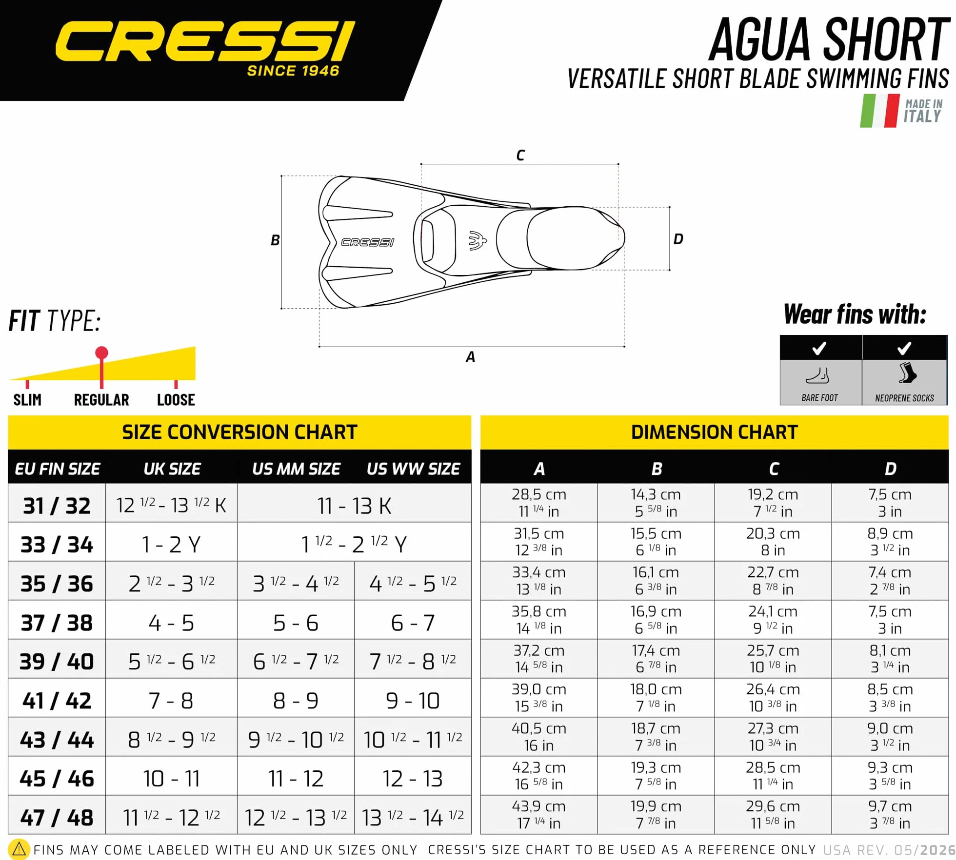 Cressi Agua Short Fins - Palmes Courtes Légères et Réactives pour la Natation et Snorkeling, Unisexe Adultes et Enfants