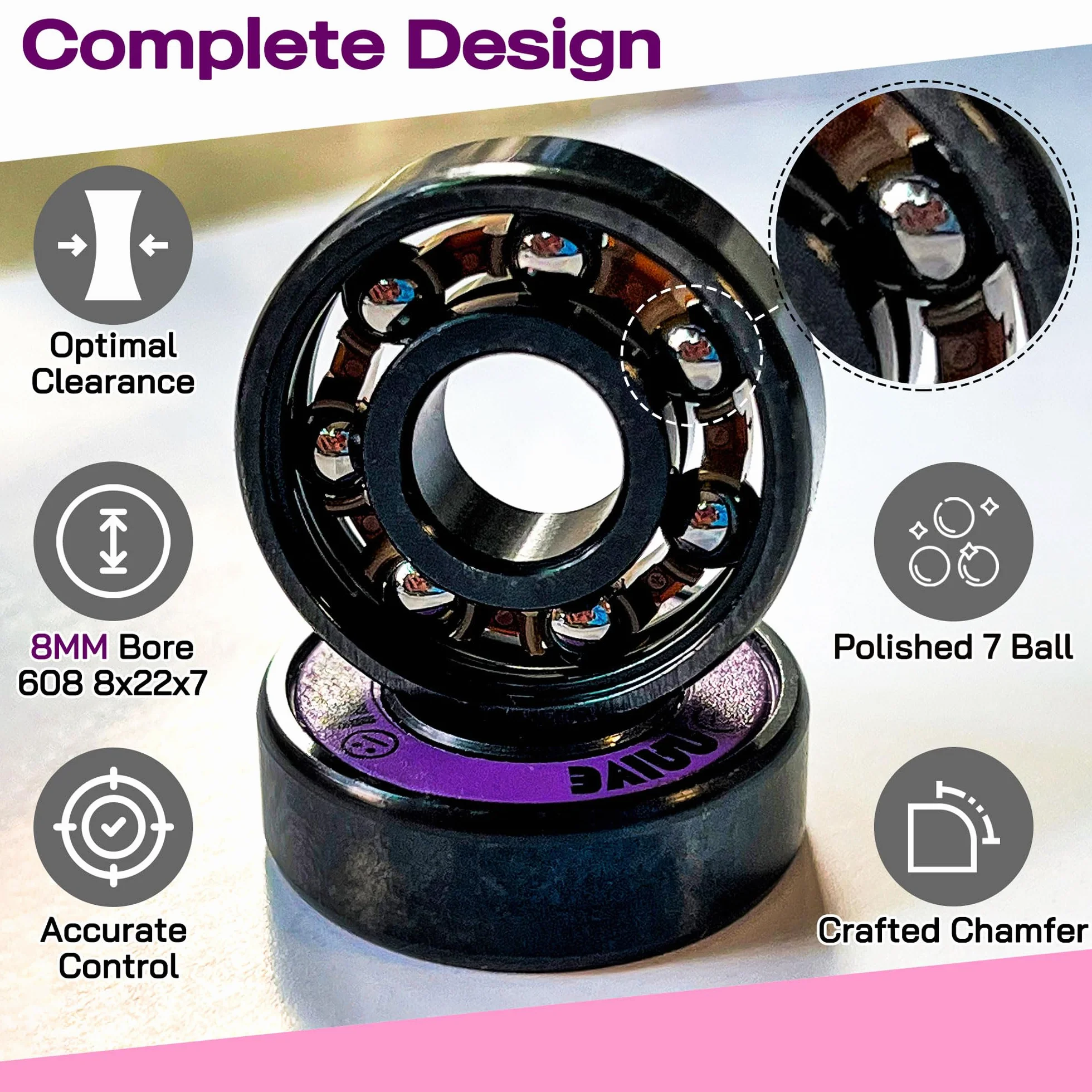 Lot de 16 roulements de 8 mm - Précision 608 - Pour quad en ligne - Roller Derby - Longboard (violet fluo)