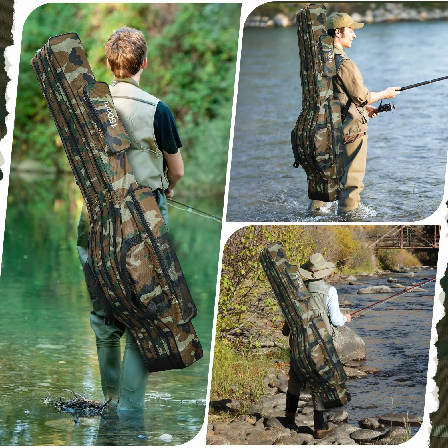Sac de Pêche Portable avec 3 Couches, 150cm Pliable Sac de Transport Canne à Pêche Grande Capacité Étanche Fourreau Canne à Pêche Portatif Sac de Canne à Pêche avec Sangle Réglable