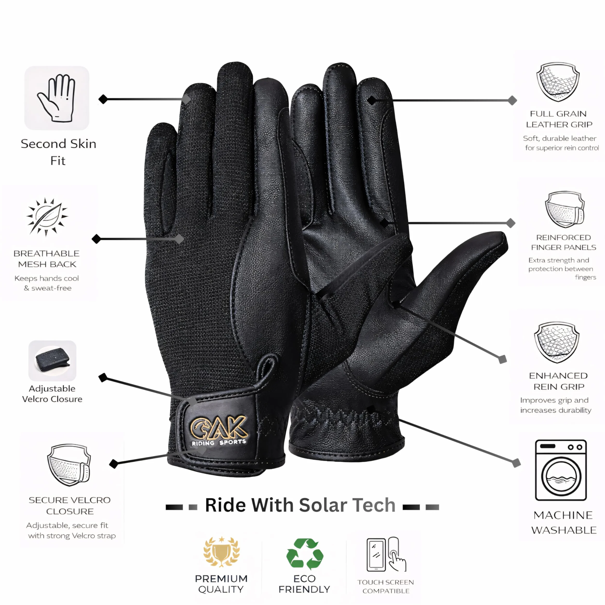 AK Solar Tech Gants d'équitation en cuir souple avec maille respirante