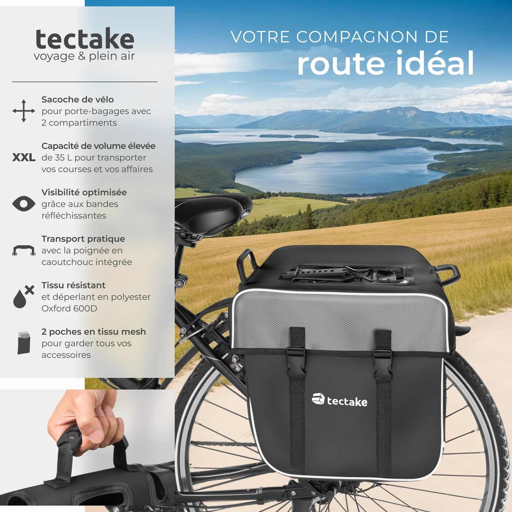 tectake® Double Sacoche de vélo Porte-Bagage 35L Imperméable Accessoire Velo avec Bandes réfléchissantes & Poches Filets pour Bicyclette Cyclisme Panier Sac de Courses