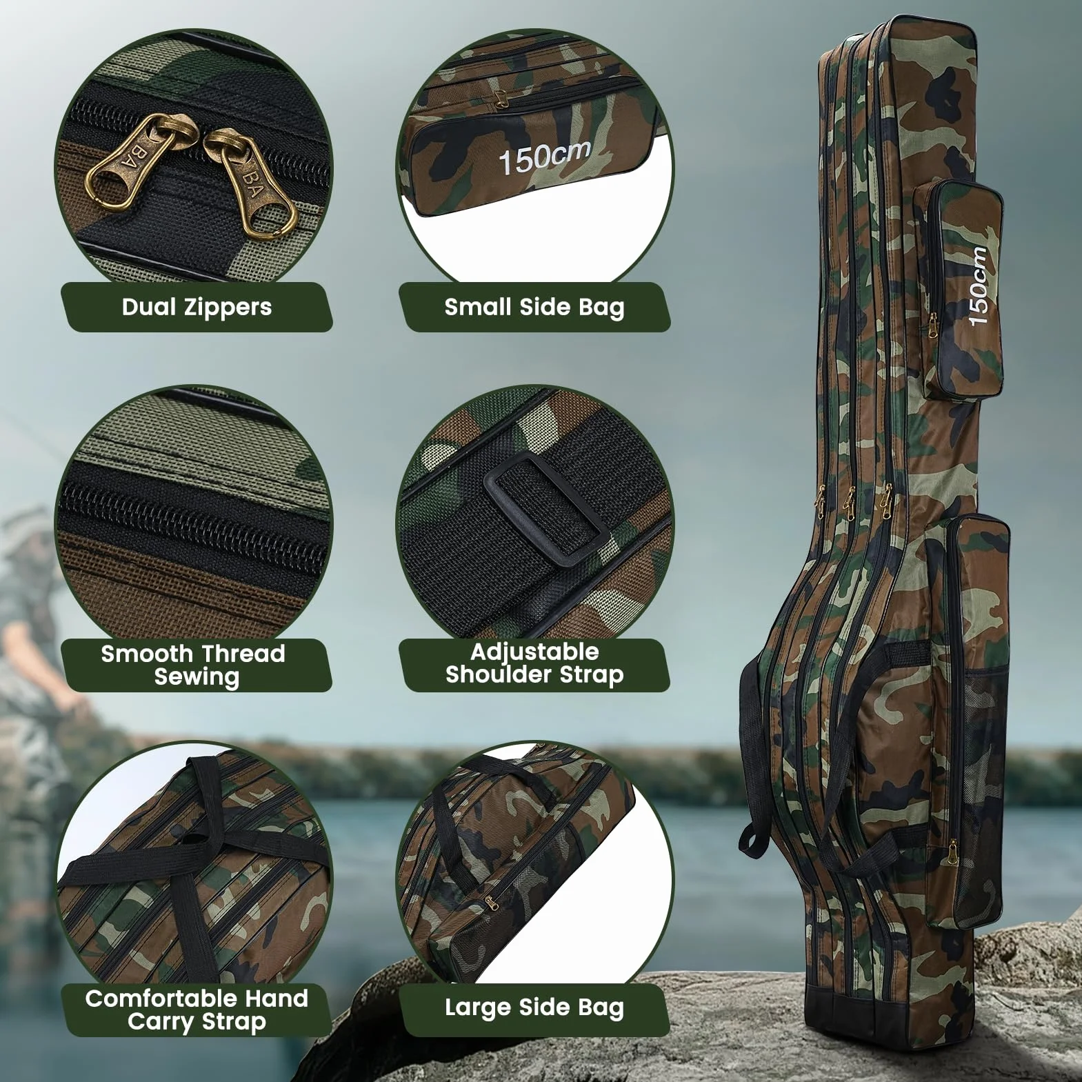 Sac de Pêche Portable avec 3 Couches, 150cm Pliable Sac de Transport Canne à Pêche Grande Capacité Étanche Fourreau Canne à Pêche Portatif Sac de Canne à Pêche avec Sangle Réglable