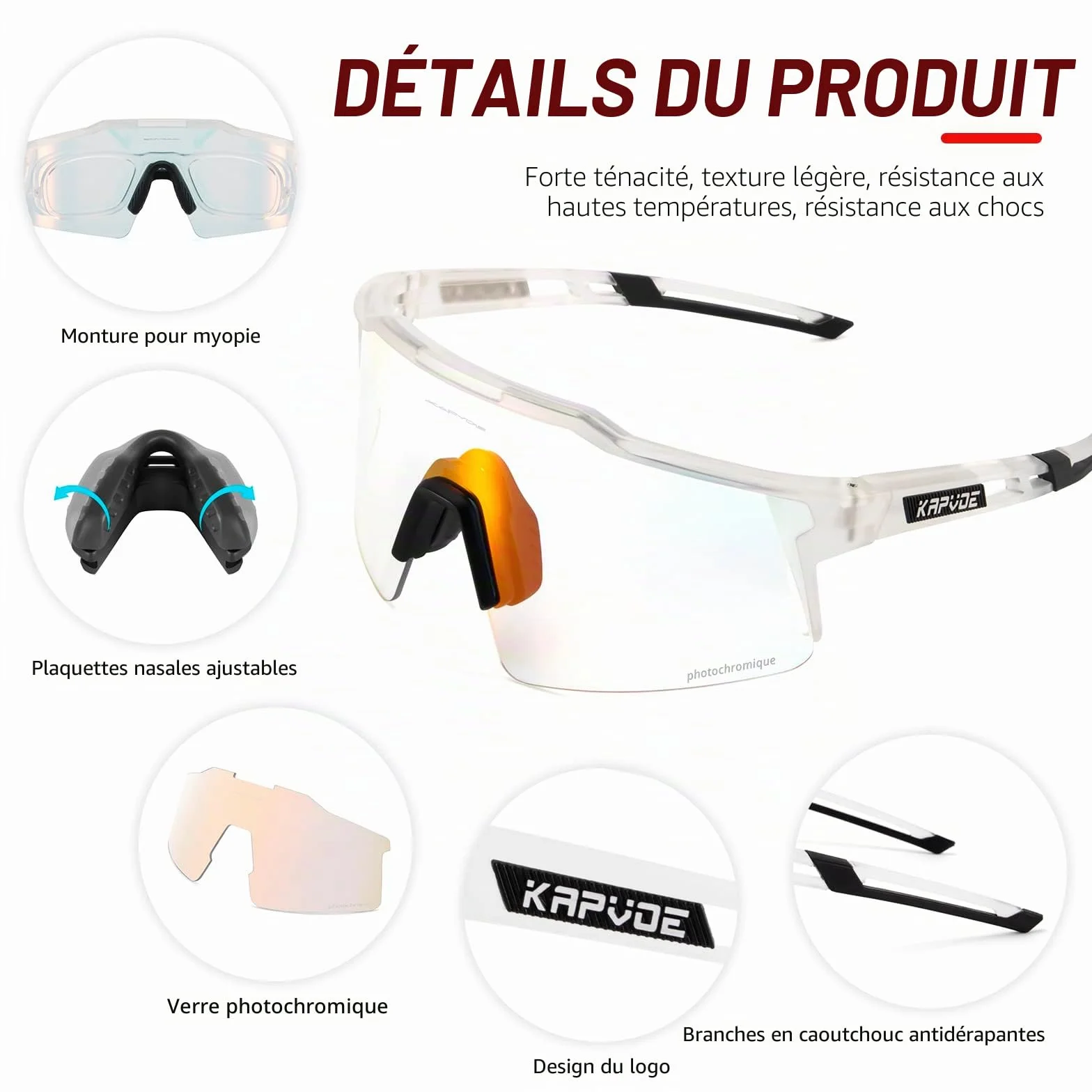 KAPVOE Lunettes Cyclisme Photochromique Tr90 Cadre Vélo VTT Protection UV400 K9023