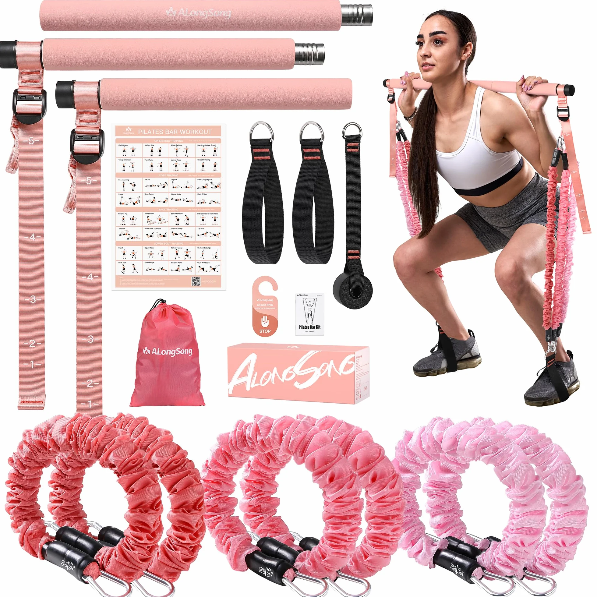ALongSong Elastiques de Musculation Barre de Pilates avec 6 Bandes de Résistance Élastique 180LBS ou 240LBS Ancrage de Porte Réglable Amovible pour Sport Maison Fitness Yoga Étirement Squat