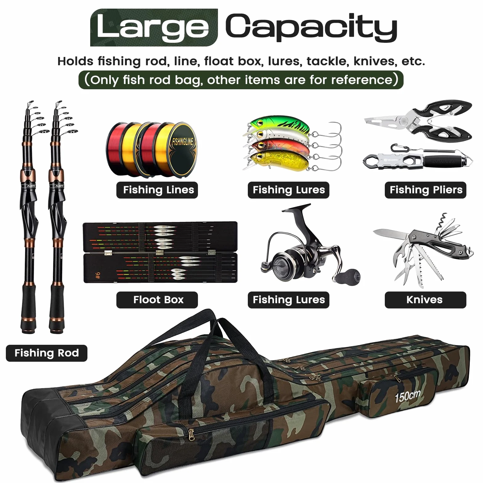 Sac de Pêche Portable avec 3 Couches, 150cm Pliable Sac de Transport Canne à Pêche Grande Capacité Étanche Fourreau Canne à Pêche Portatif Sac de Canne à Pêche avec Sangle Réglable