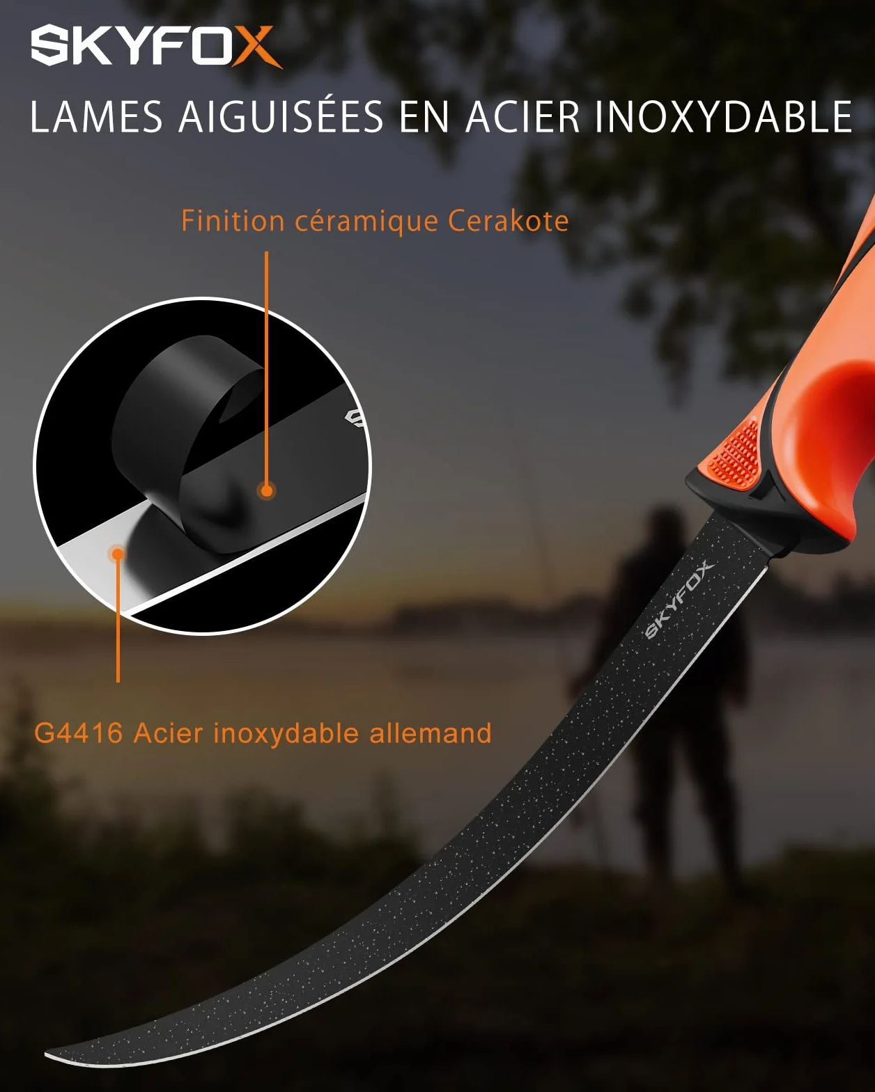 SkyFox Couteau à Fileter Poisson 20 cm Lame Inoxydable Flexible Manche Ergonomique