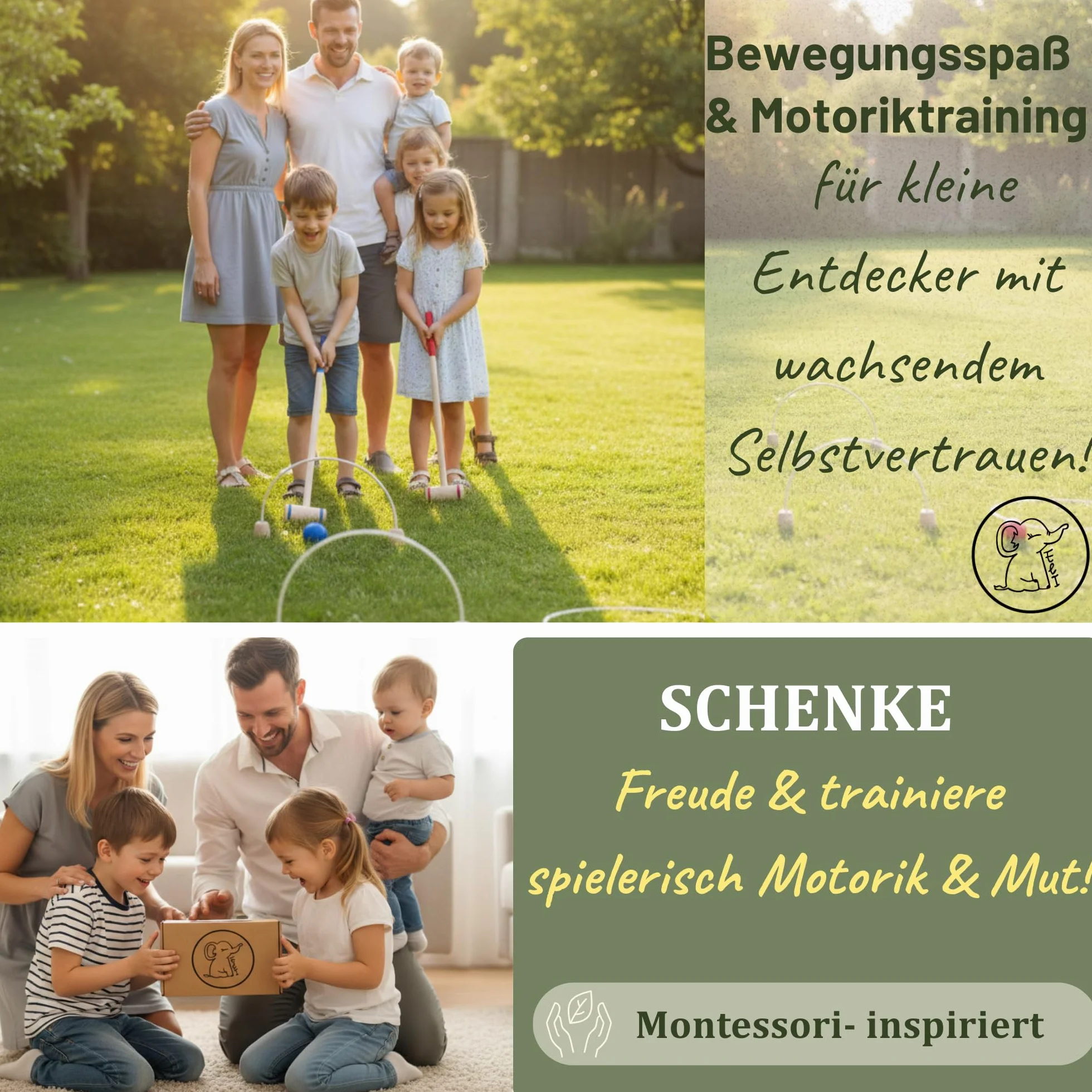 Eli® Jeu de croquet pour enfants avec raquette – Cibles et balles en bois – Kit de crocket pour l'intérieur et l'extérieur – Jouet à partir de 3 ans – Jouet en bois