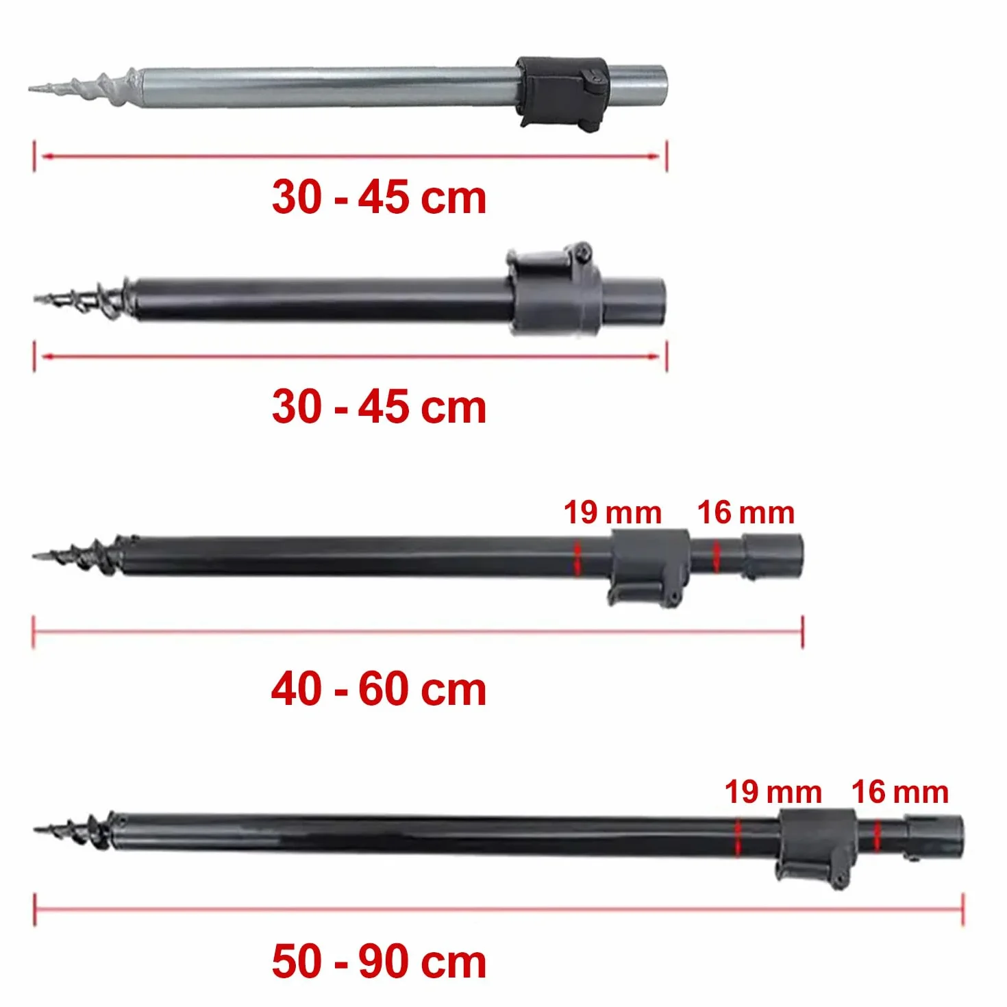 Hirisi Lot de 2 supports de cannes à pêche réglables en différentes longueurs de 30 à 90 cm avec filetage et piquet de tarière comme support de canne à pêche en aluminium