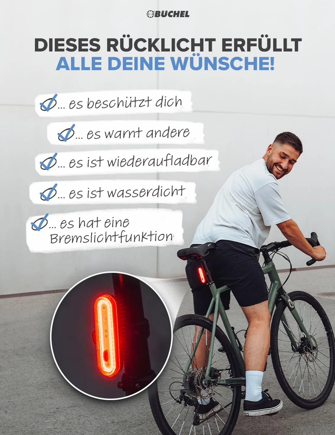 Büchel Feu arrière de vélo LED I Rechargeable I Homologué StVZO I Feu arrière de vélo Ebike Feu arrière LED