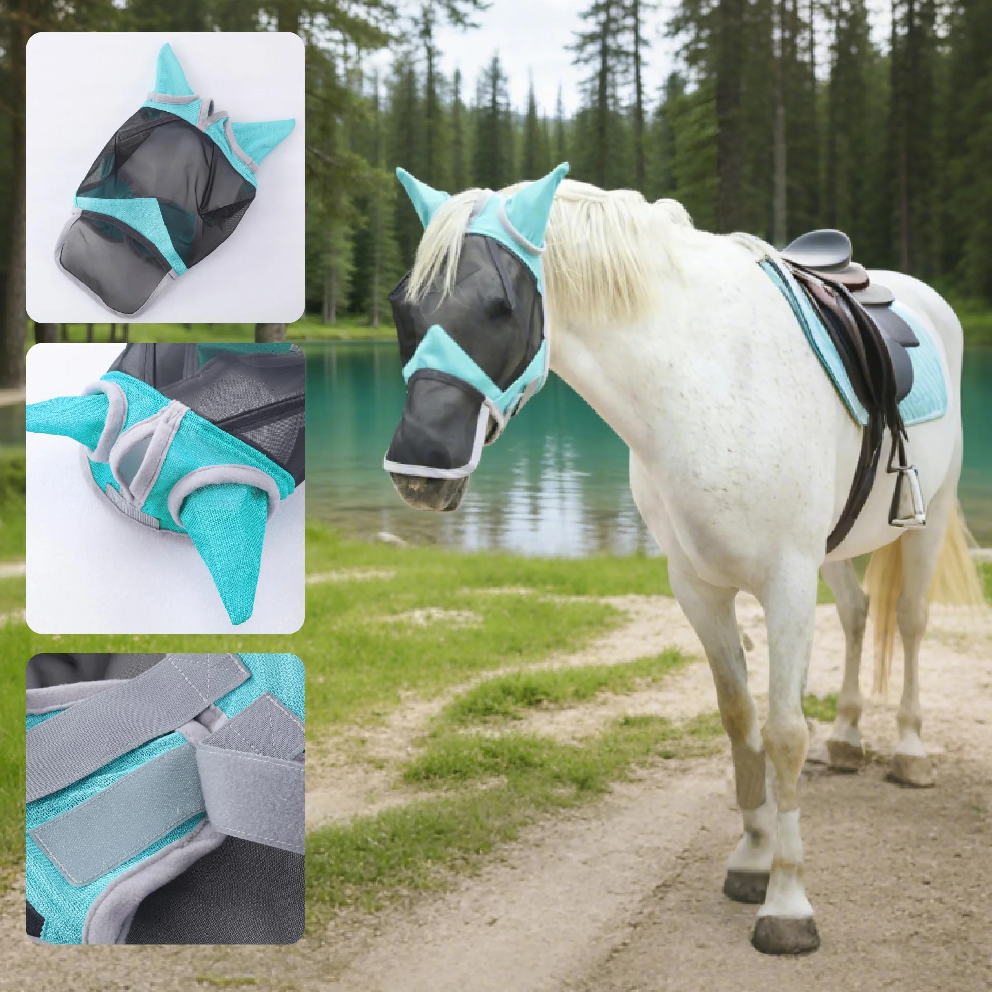 Masque Anti-Mouches pour Chevaux Protection Anti-UV Maille Respirante Turquoise Medium