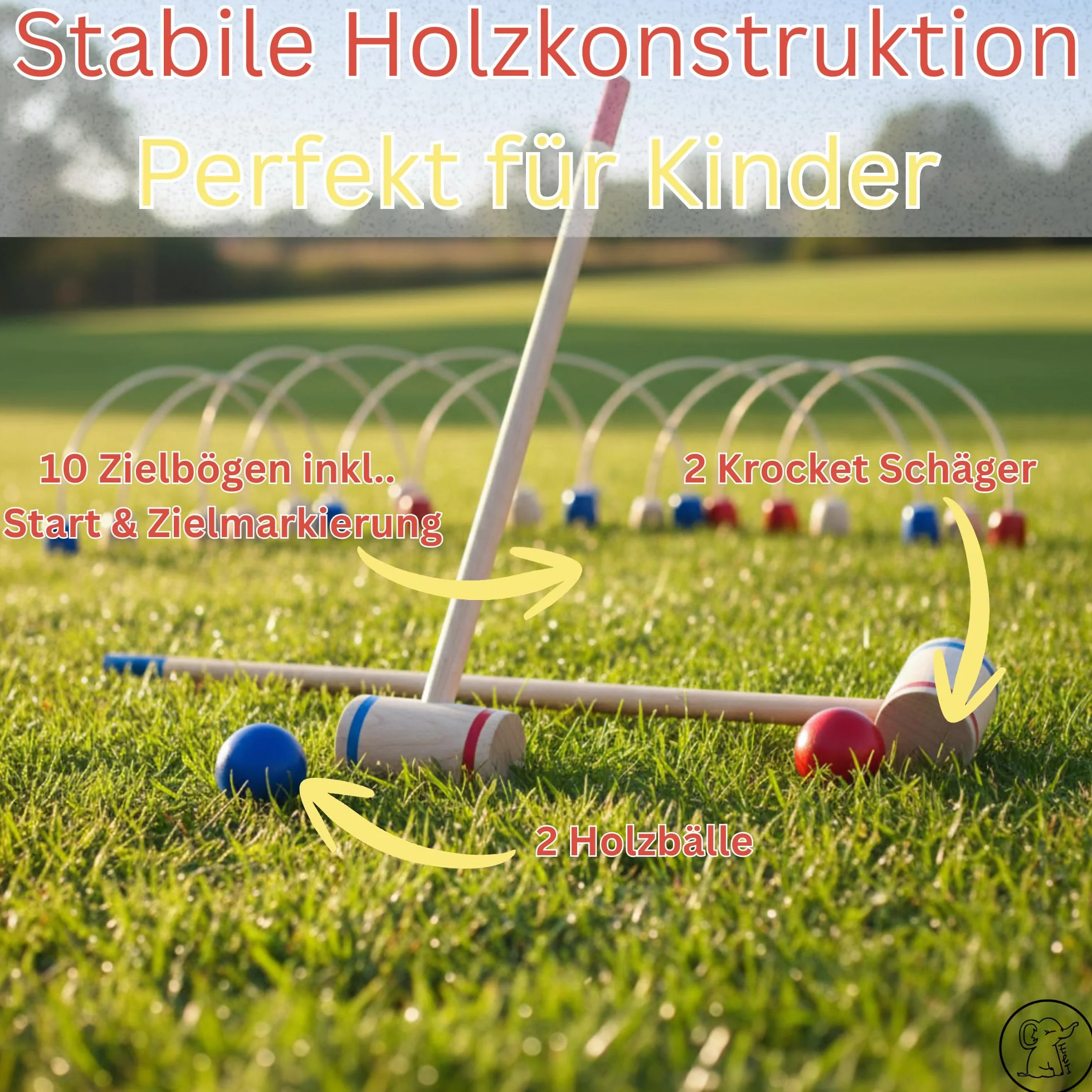 Eli® Jeu de croquet pour enfants avec raquette – Cibles et balles en bois – Kit de crocket pour l'intérieur et l'extérieur – Jouet à partir de 3 ans – Jouet en bois