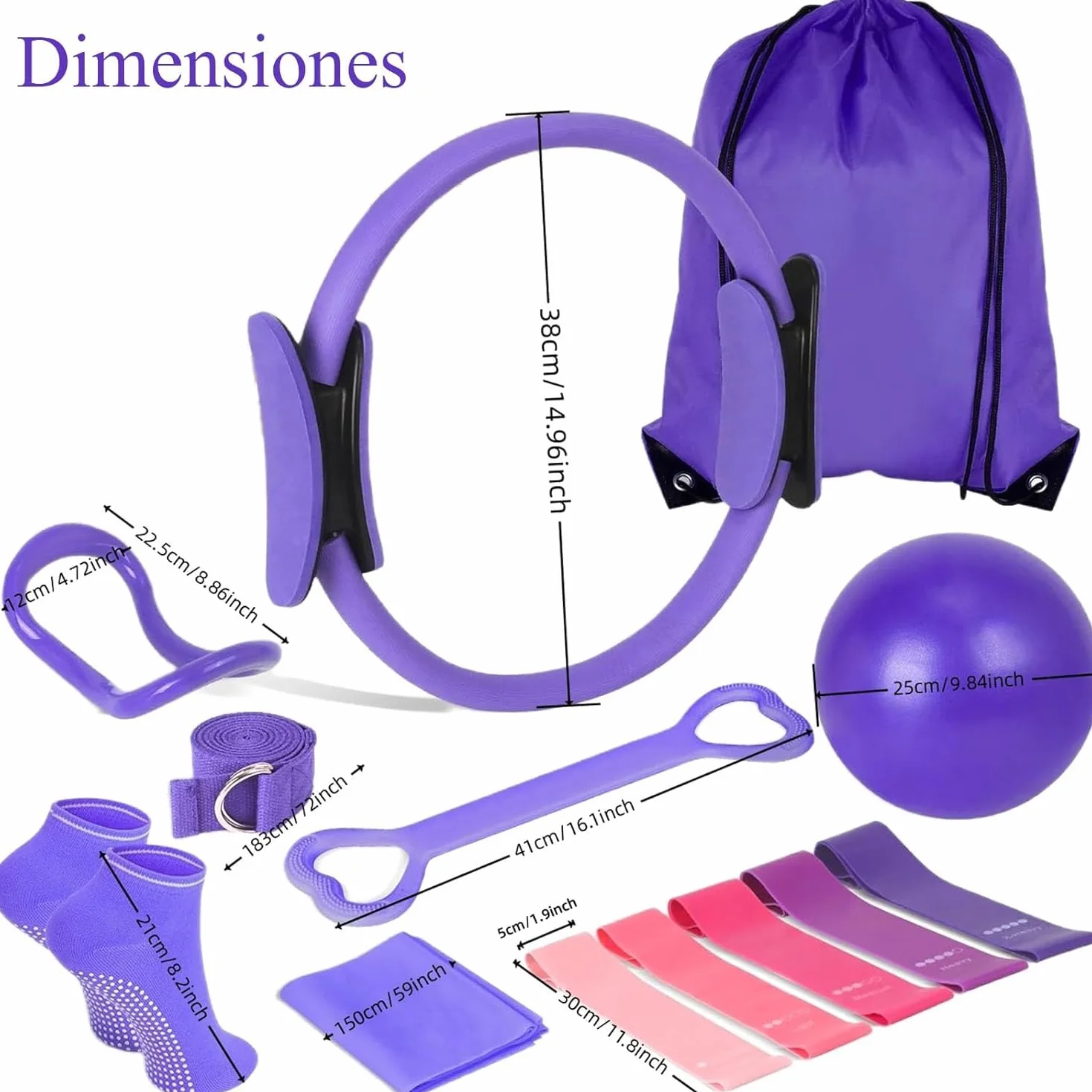 Kit de Pilates Essentiel pour Entraînement à Domicile – Équipement de Fitness Portable avec Cercle Pilates, Bandes de Résistance Longues, Balle Souple et Chaussettes Antidérapantes
