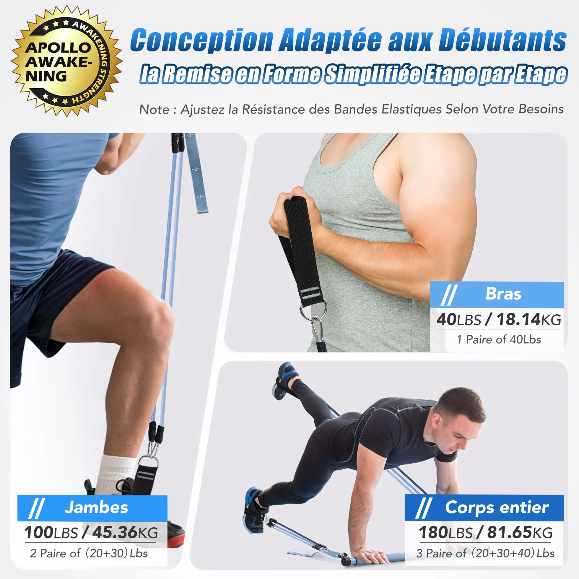 ALongSong Elastiques Musculation Sport Maison - Kit Barre de Pilates pour Homme Femme avec 6 Bandes de Résistance Élastique 20-180Lbs & Ancrage de Porte pour Complet Entraînement Yoga/Musculation