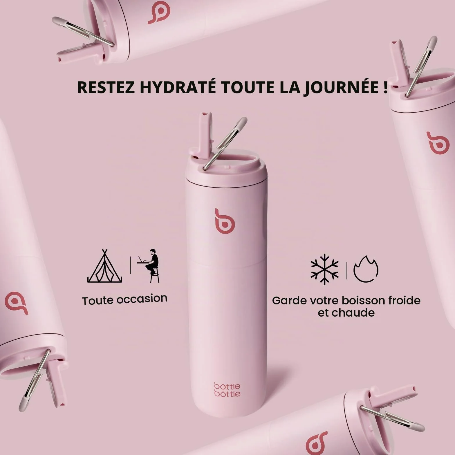BOTTLE BOTTLE Gourde isotherme avec couvercle à paille et poignée, en acier inoxydable à double paroi sous vide, anti-fuite, sans BPA, pour sport, voyage, salle de sport - Rose clair, 710 ml