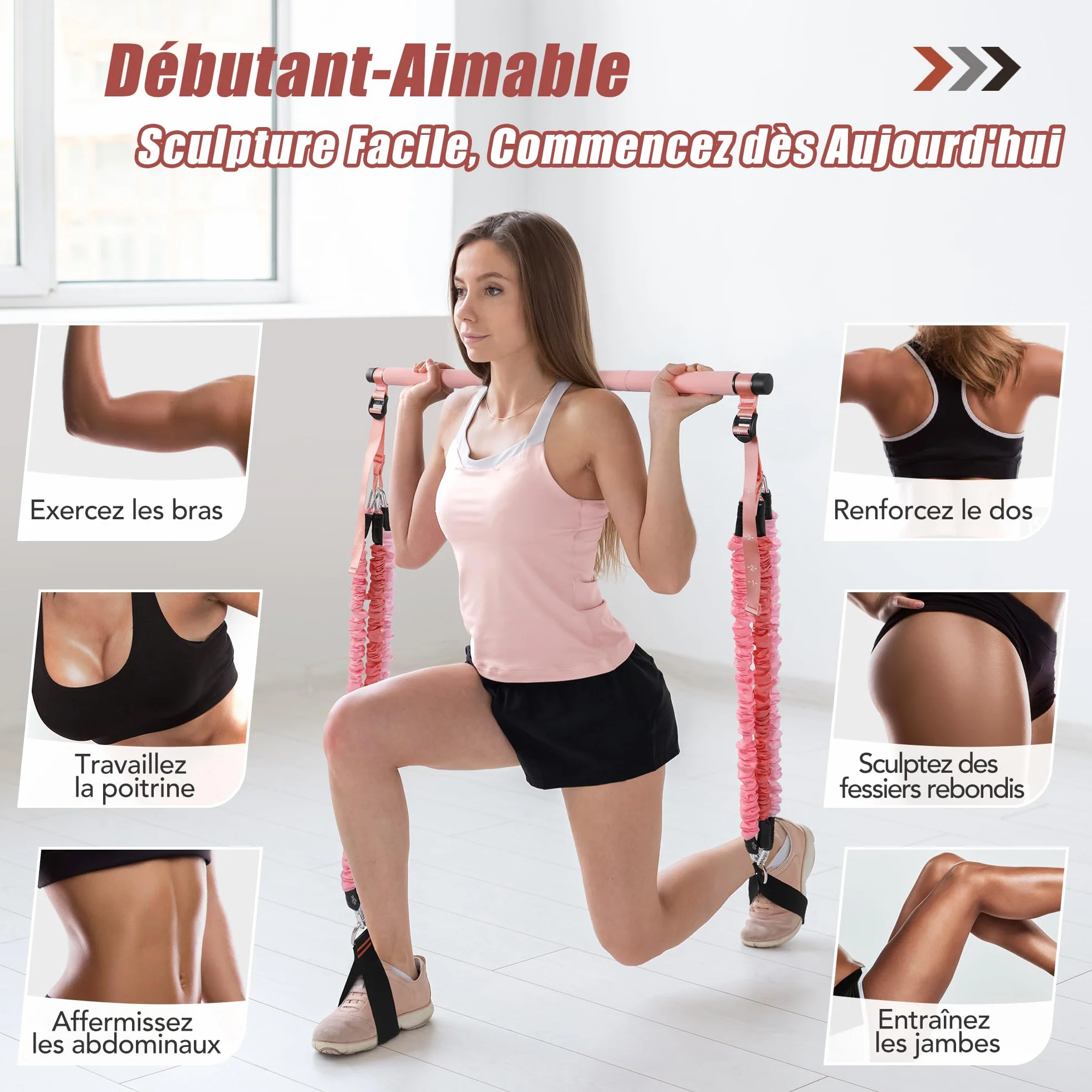 ALongSong Elastiques de Musculation Barre de Pilates avec 6 Bandes de Résistance Élastique 180LBS ou 240LBS Ancrage de Porte Réglable Amovible pour Sport Maison Fitness Yoga Étirement Squat