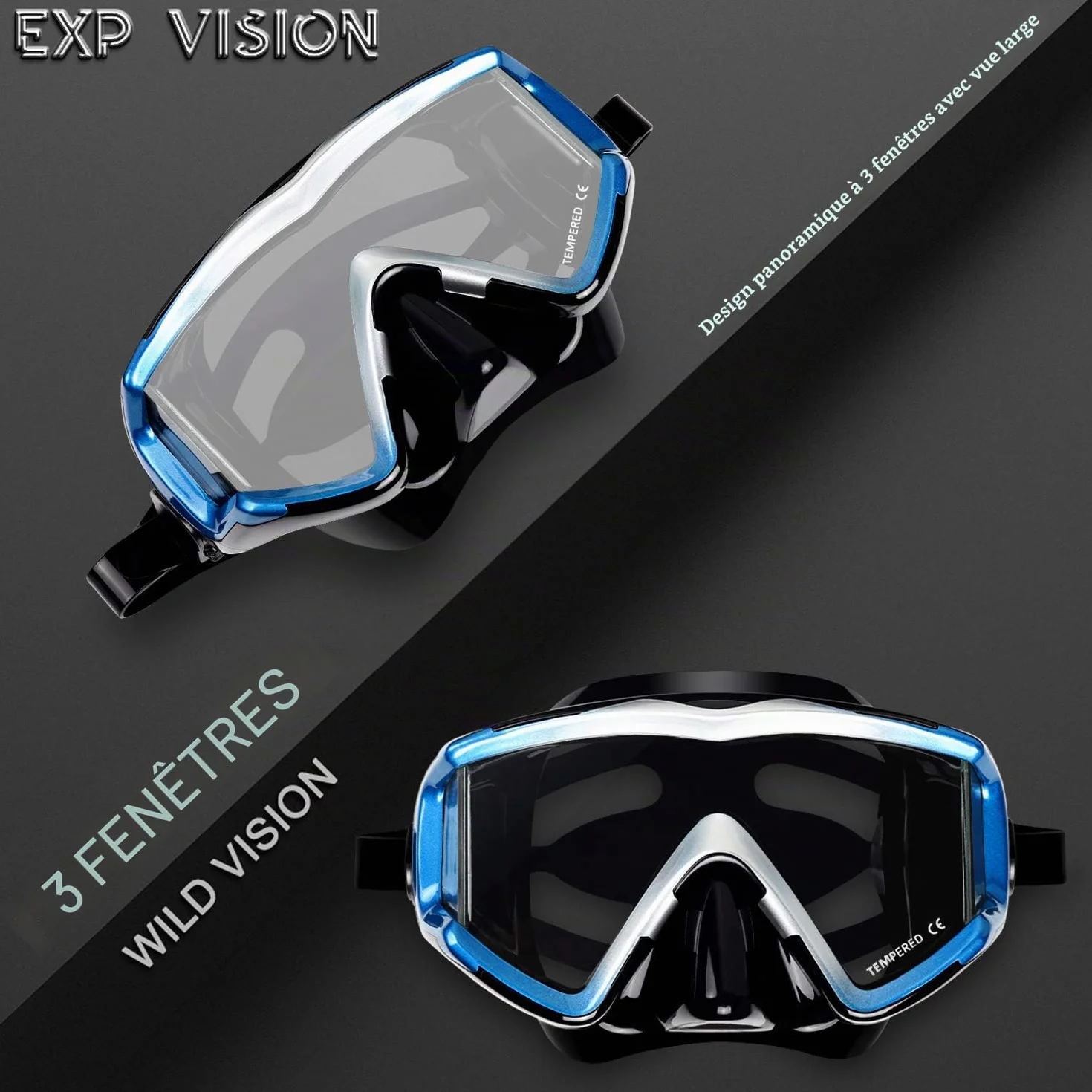 Masque de plongée Pano 3 Adulte - Masque de plongée en Verre trempé - Lunettes de plongée Anti-buée Lunettes de Natation avec Couvre-Nez pour la plongée en apnée, la plongée en apnée, la Natation