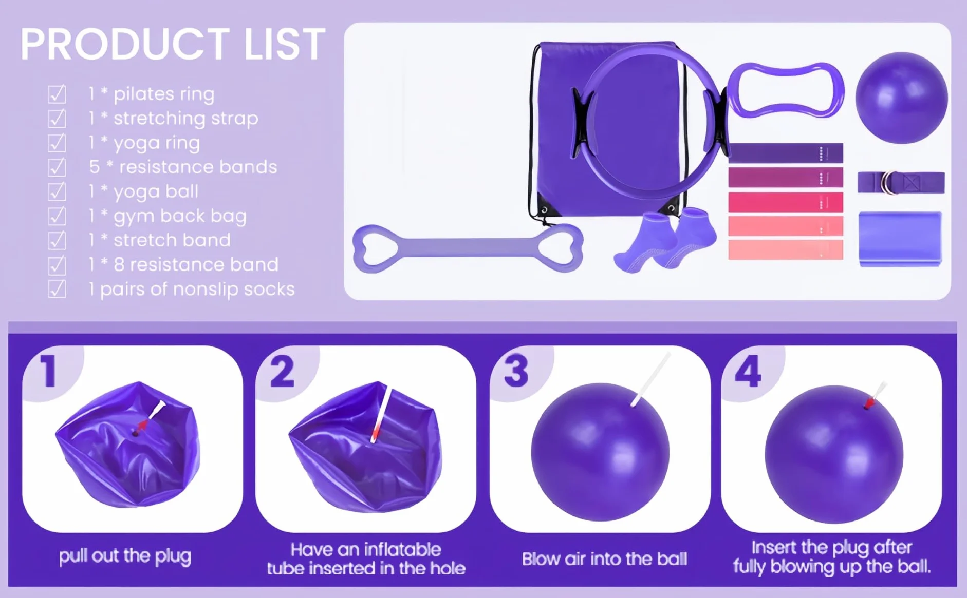 Générique Kit Pilates Maison, Better Pilates Accessoires 13 pcs, Anneau de Yoga 30 cm, Ballon 25 cm, Bandes de Résistance, Accessoires d'Entraînement à Domicile