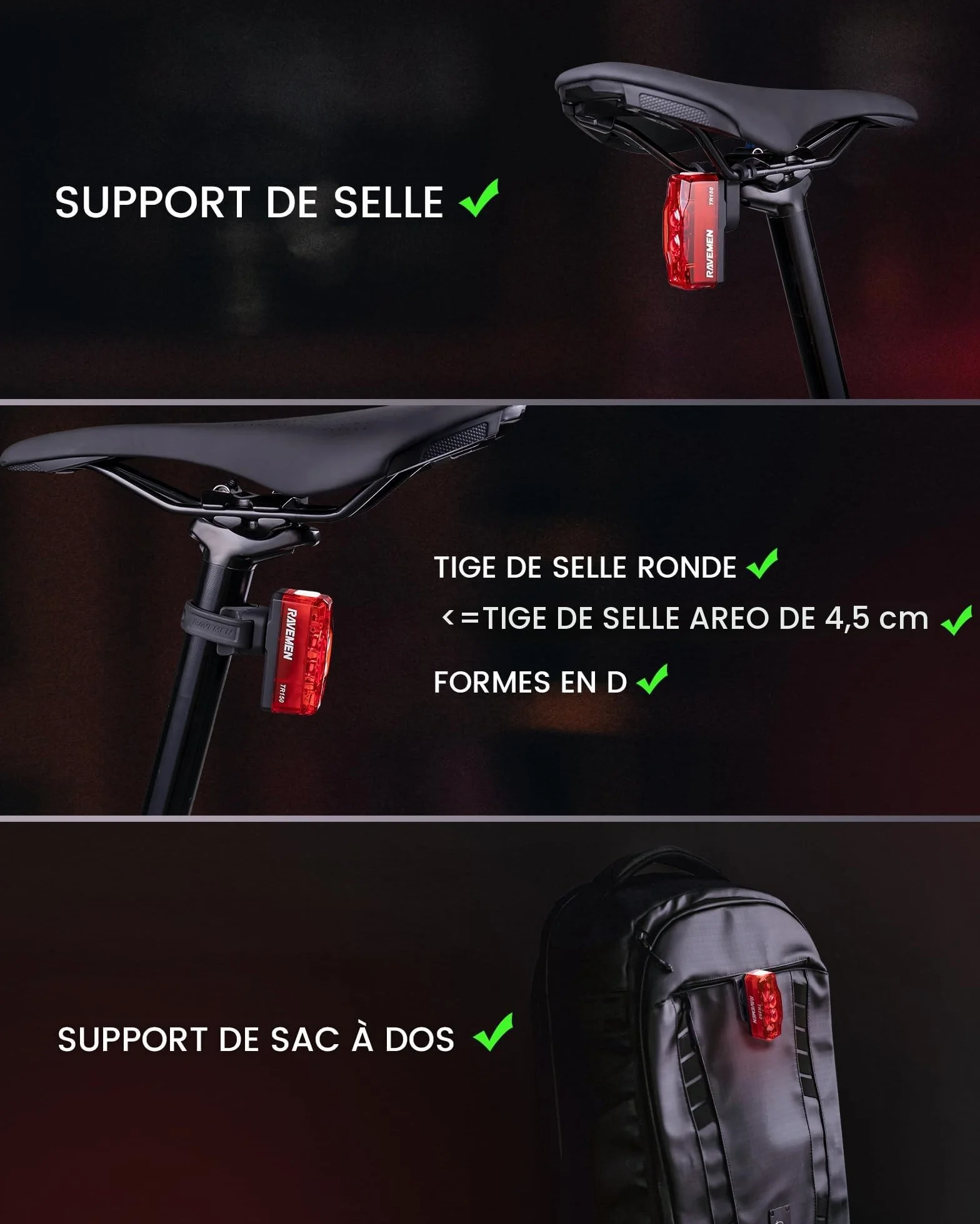 RAVEMEN Éclairage Arrière Vélo USB-C Rechargeable IPX6 6 Modes Visibilité 280°