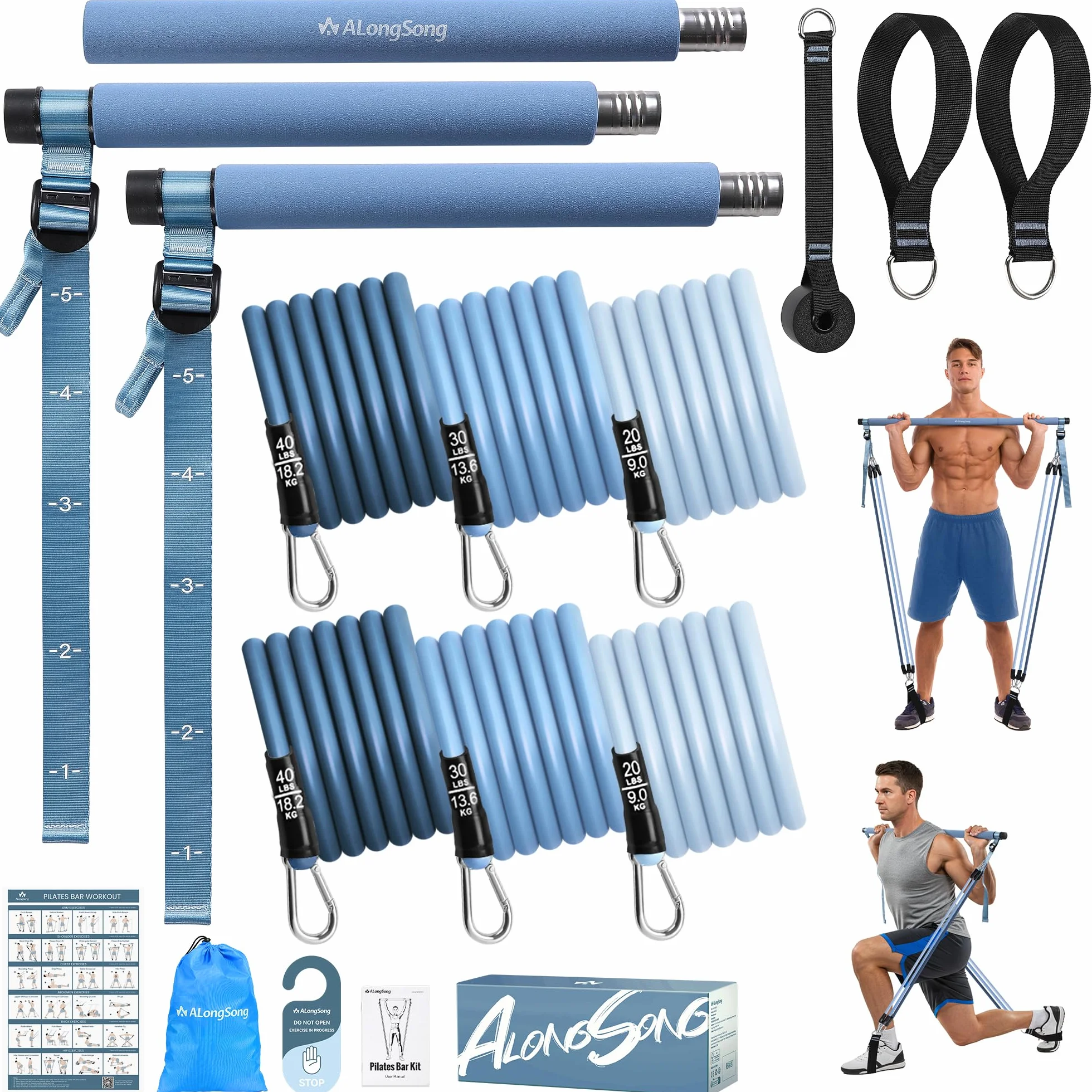 ALongSong Elastiques Musculation Sport Maison - Kit Barre de Pilates pour Homme Femme avec 6 Bandes de Résistance Élastique 20-180Lbs & Ancrage de Porte pour Complet Entraînement Yoga/Musculation