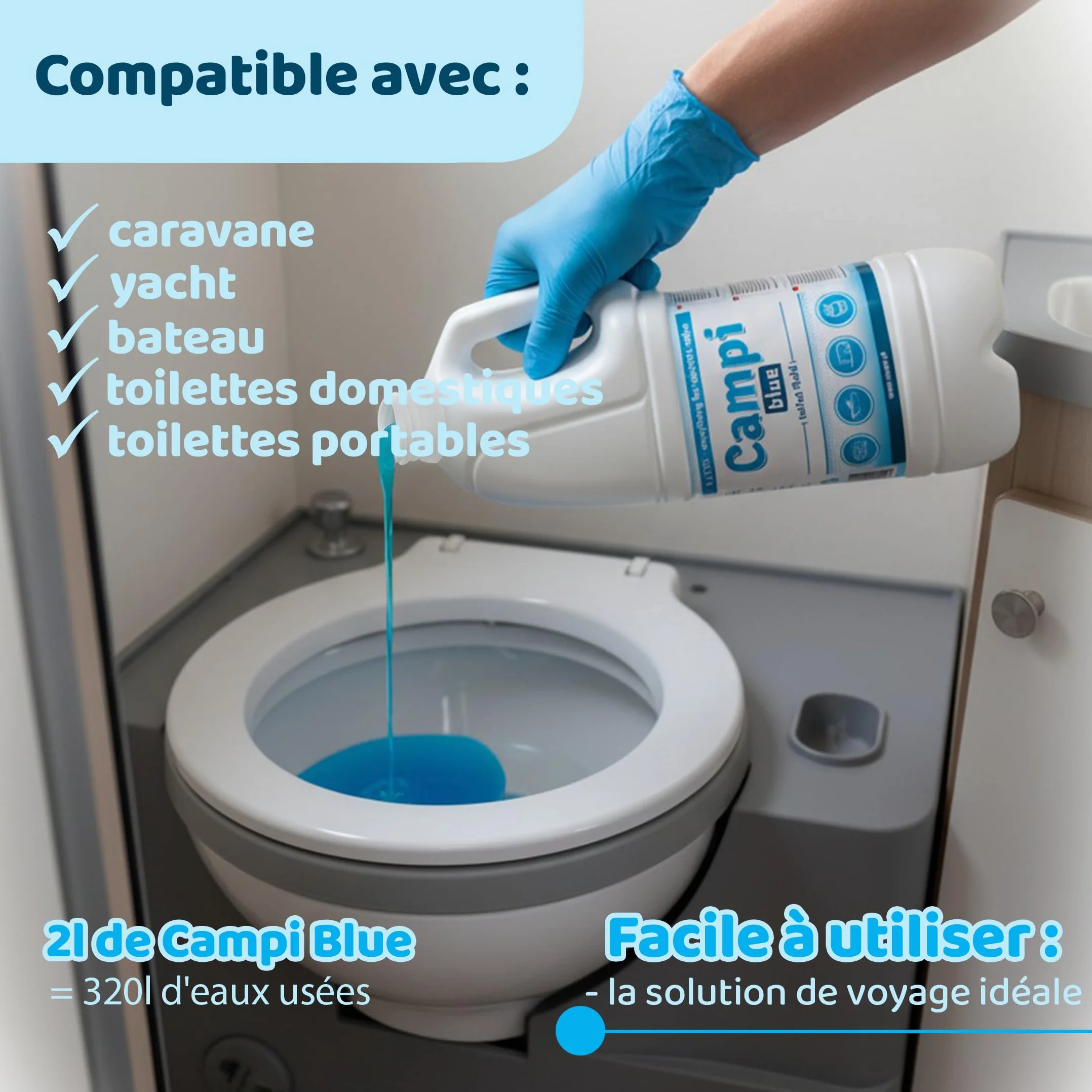 CAMPI Blue 5L – Liquide sanitaire & additif pour toilettes de camping – Produit chimique WC pour toilettes – Pour réservoir d’eaux usées de caravane et camping-car