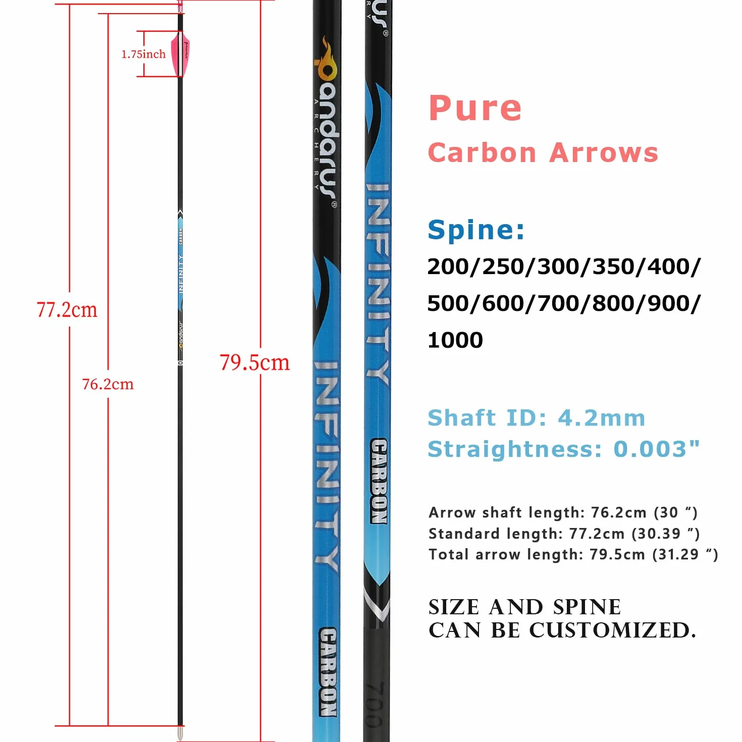 31" Flèche en Carbone Pur pour compétition Spine 200~1500 Flèches de Chasse ± 0,003" ID4,2 mm pour Arc Classique et Arc à poulies 12 pcs