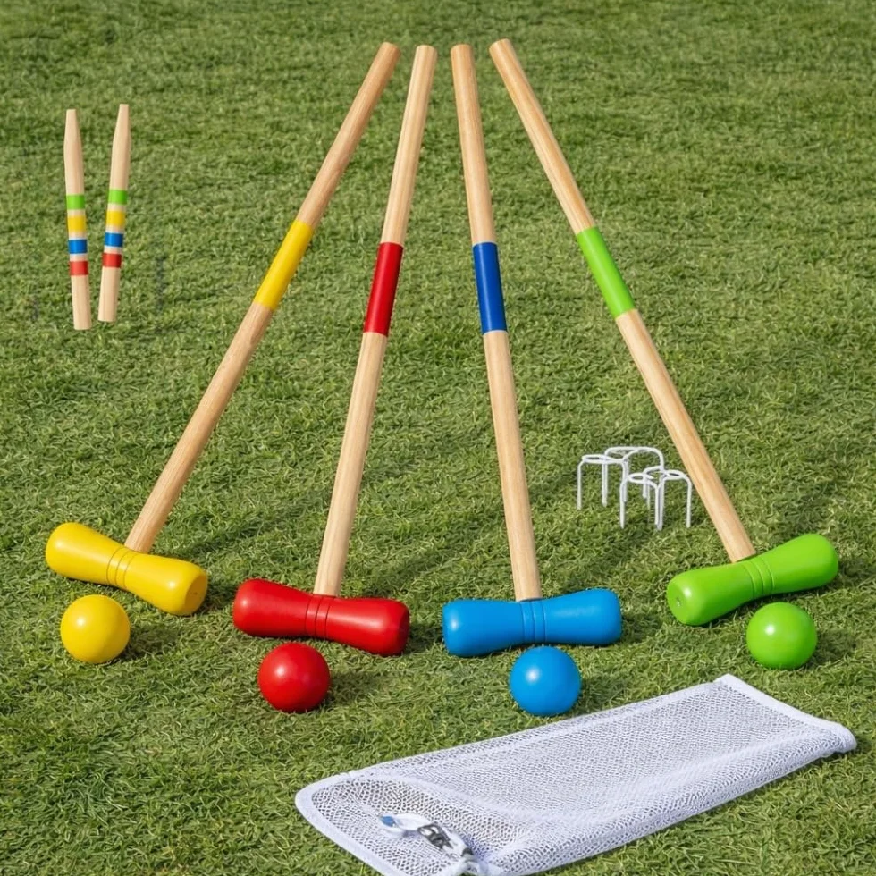 Jeu de Croquet en Bois pour 4 Joueurs, avec Maillets, Boules, Arceaux Métalliques et Filet de Rangement, Jeu de Jardin