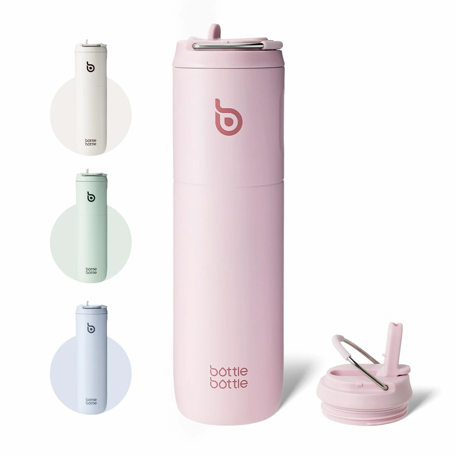 BOTTLE BOTTLE Gourde isotherme avec couvercle à paille et poignée, en acier inoxydable à double paroi sous vide, anti-fuite, sans BPA, pour sport, voyage, salle de sport - Rose clair, 710 ml
